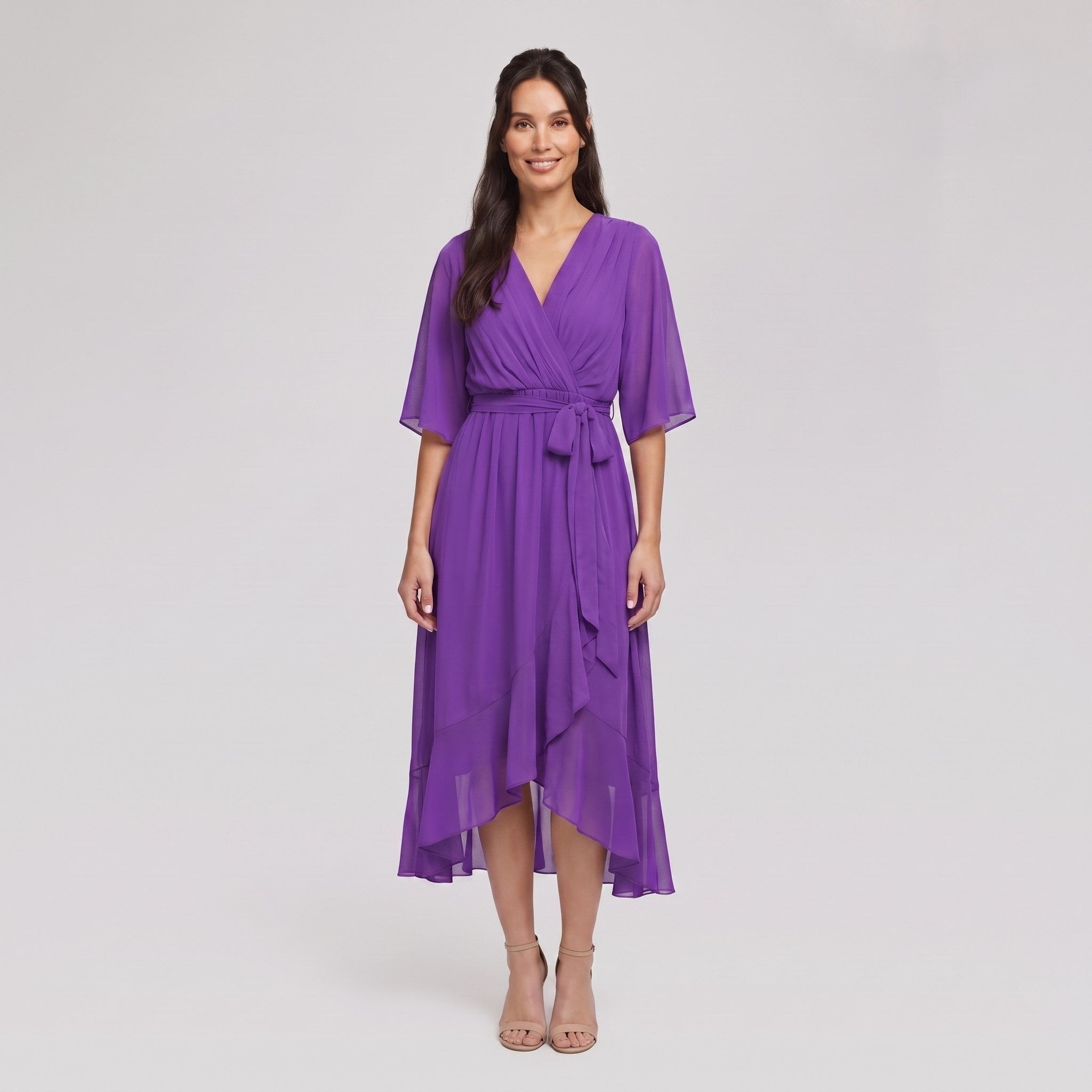 Violet purple Gina wrap midi dress with V-neck and flutter sleeves on model