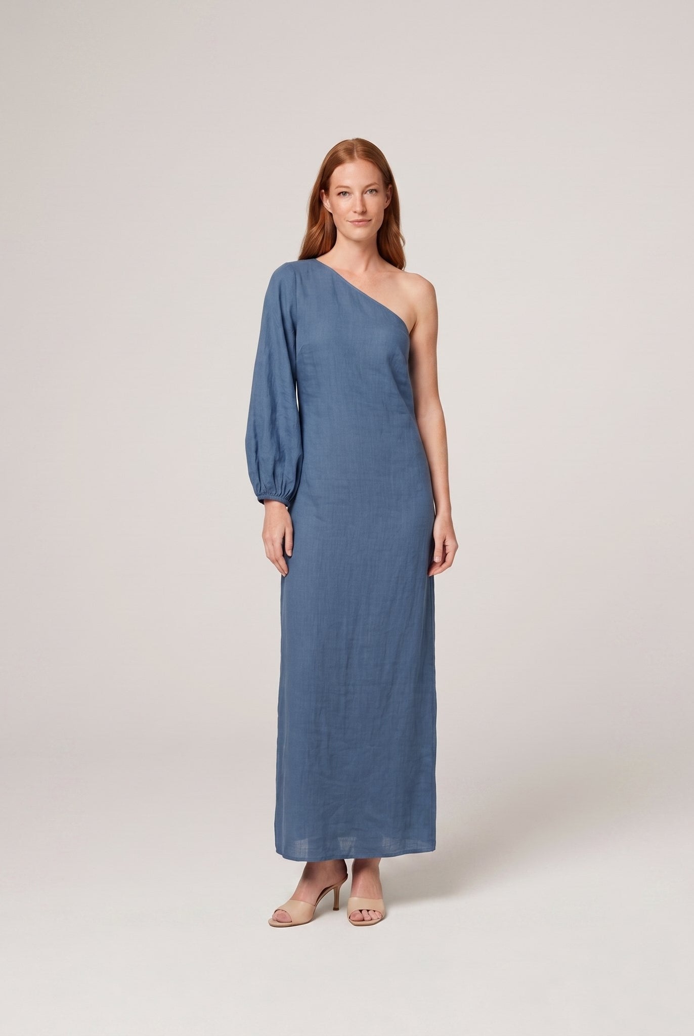 Denim blue one-shoulder cotton-linen maxi dress on model