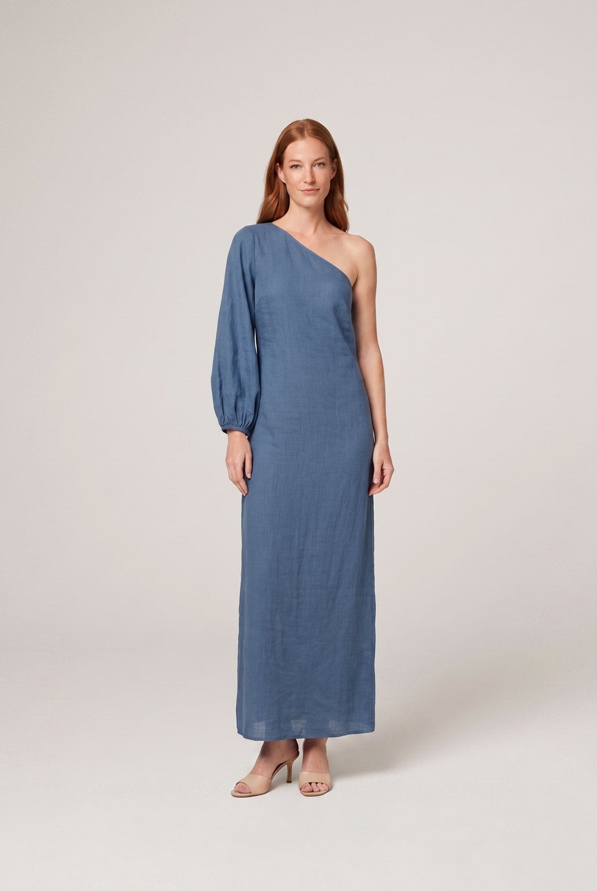 Denim blue one-shoulder cotton-linen maxi dress on model