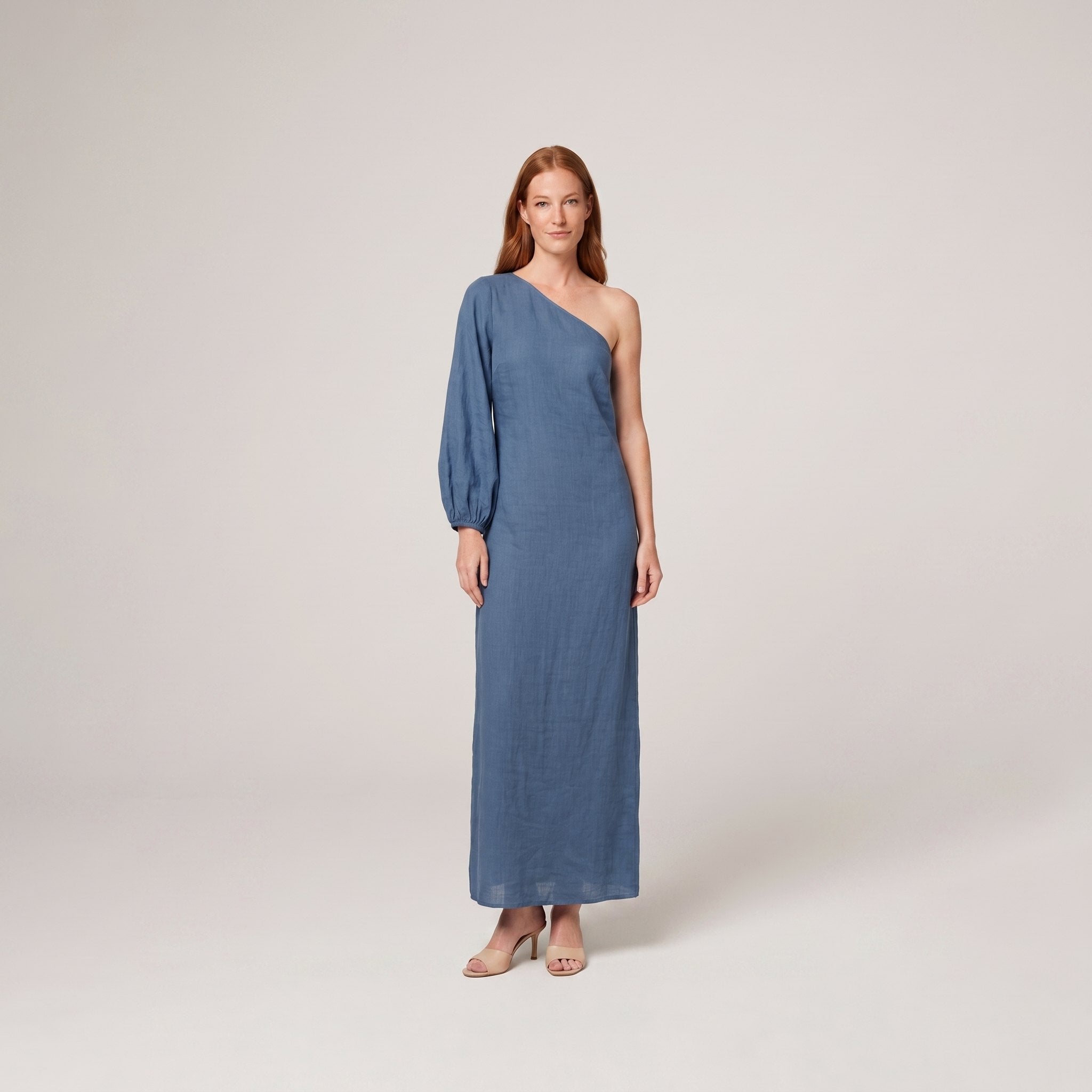 Denim blue one-shoulder cotton-linen maxi dress on model