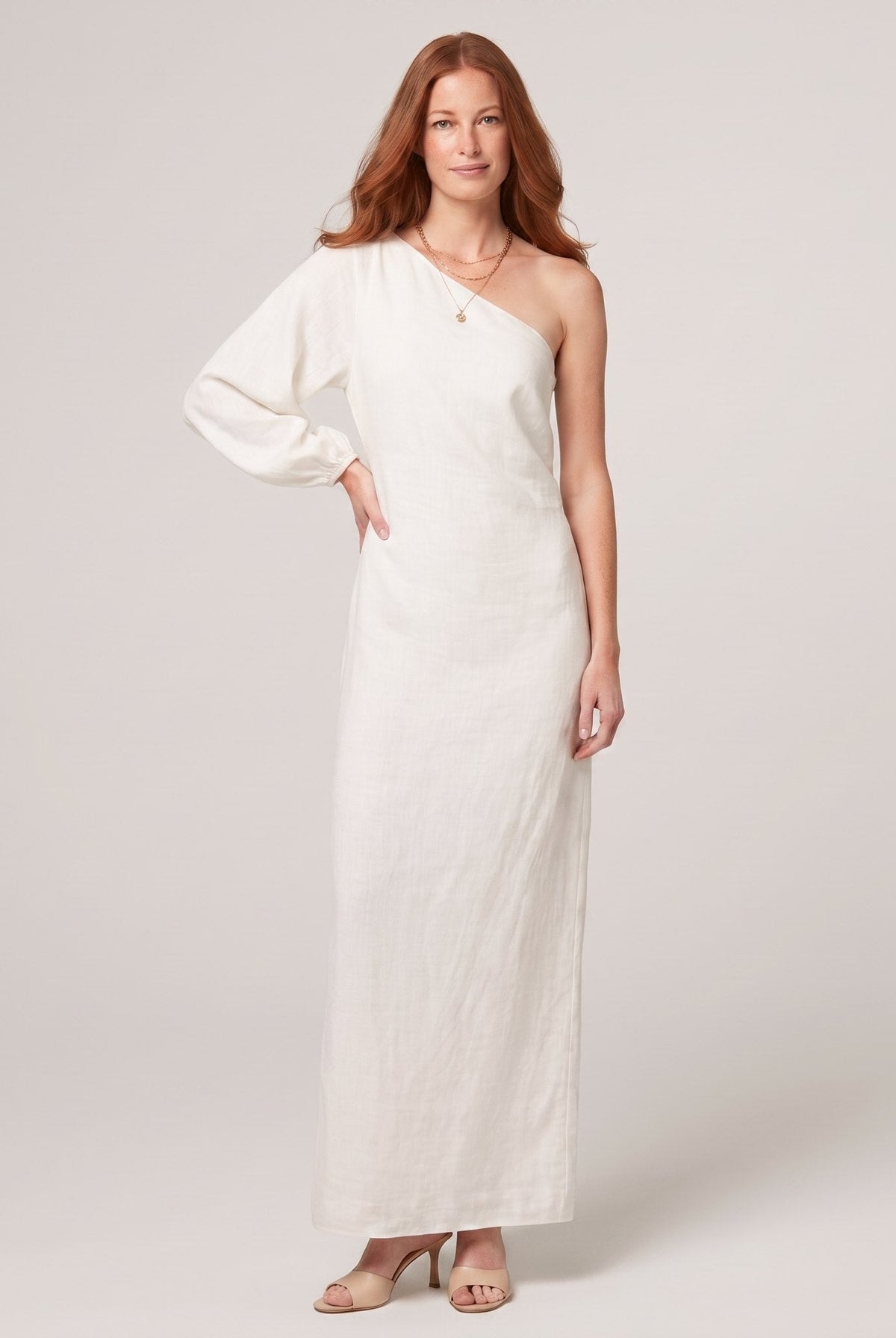 Ivory white one-shoulder cotton-linen maxi dress on model