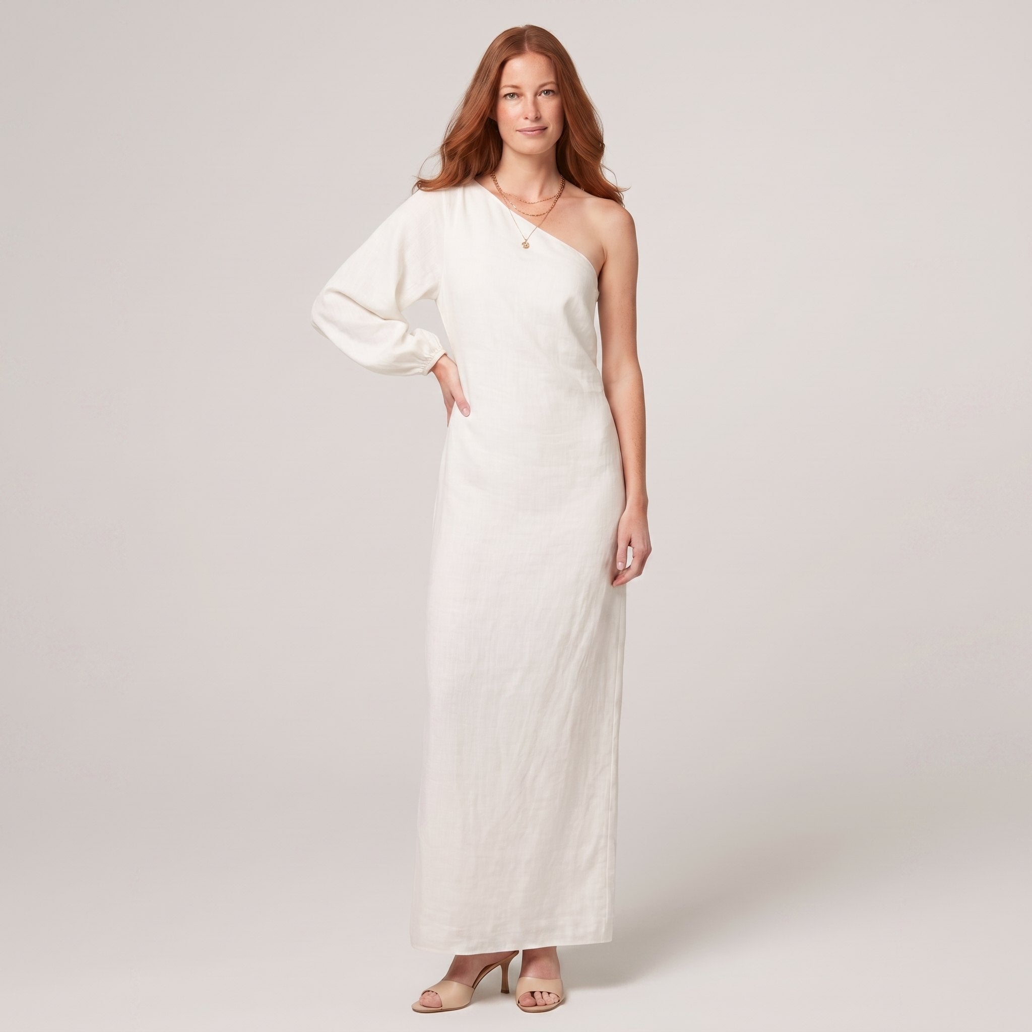 Ivory white one-shoulder cotton-linen maxi dress on model