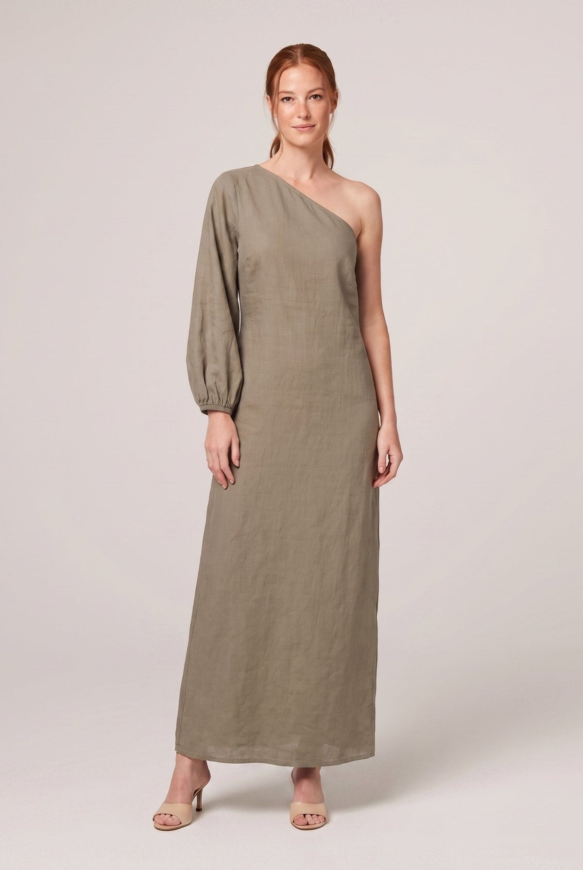 Khaki olive one-shoulder cotton-linen maxi dress on model