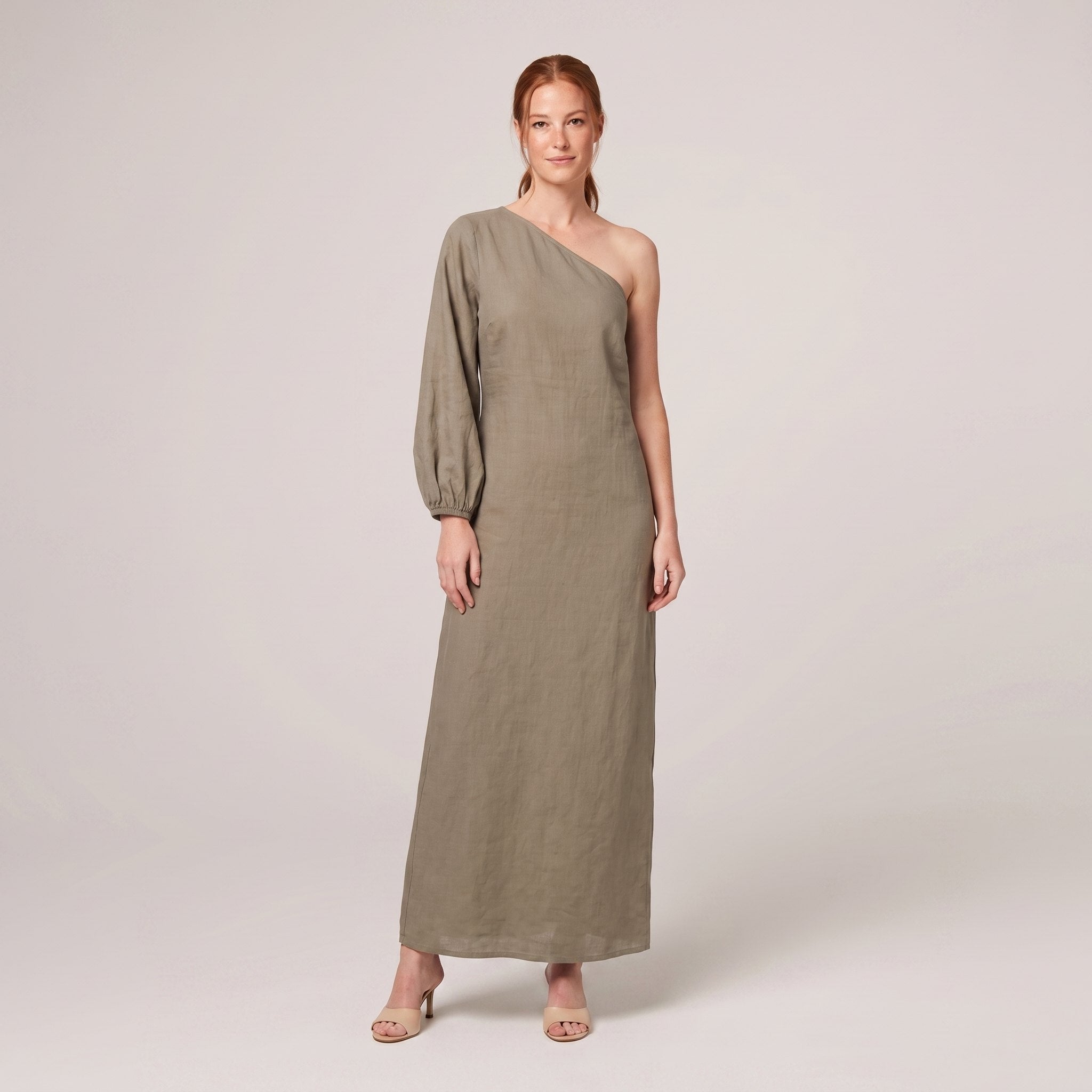 Khaki olive one-shoulder cotton-linen maxi dress on model