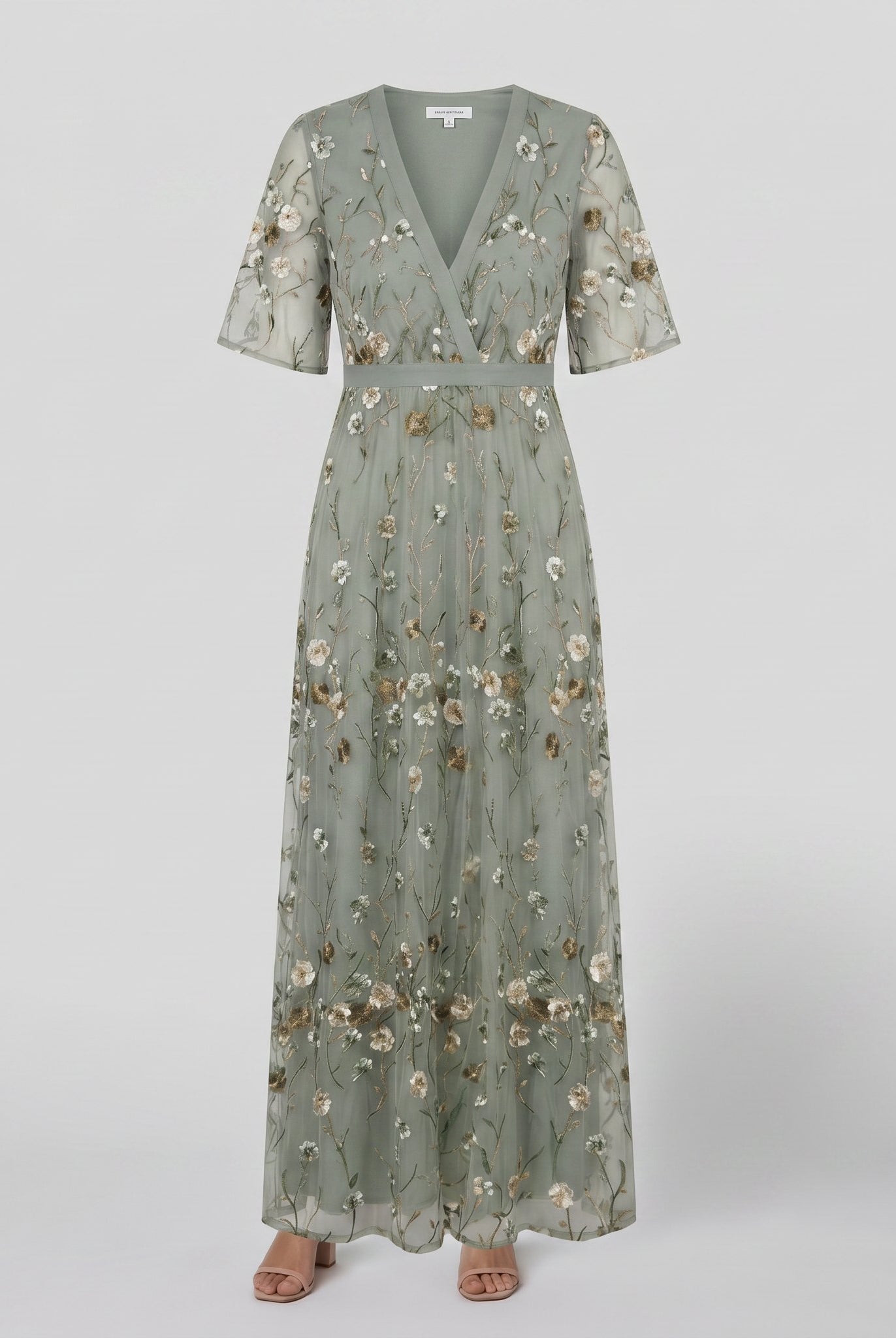 Sage green floral maxi dress product flat-lay