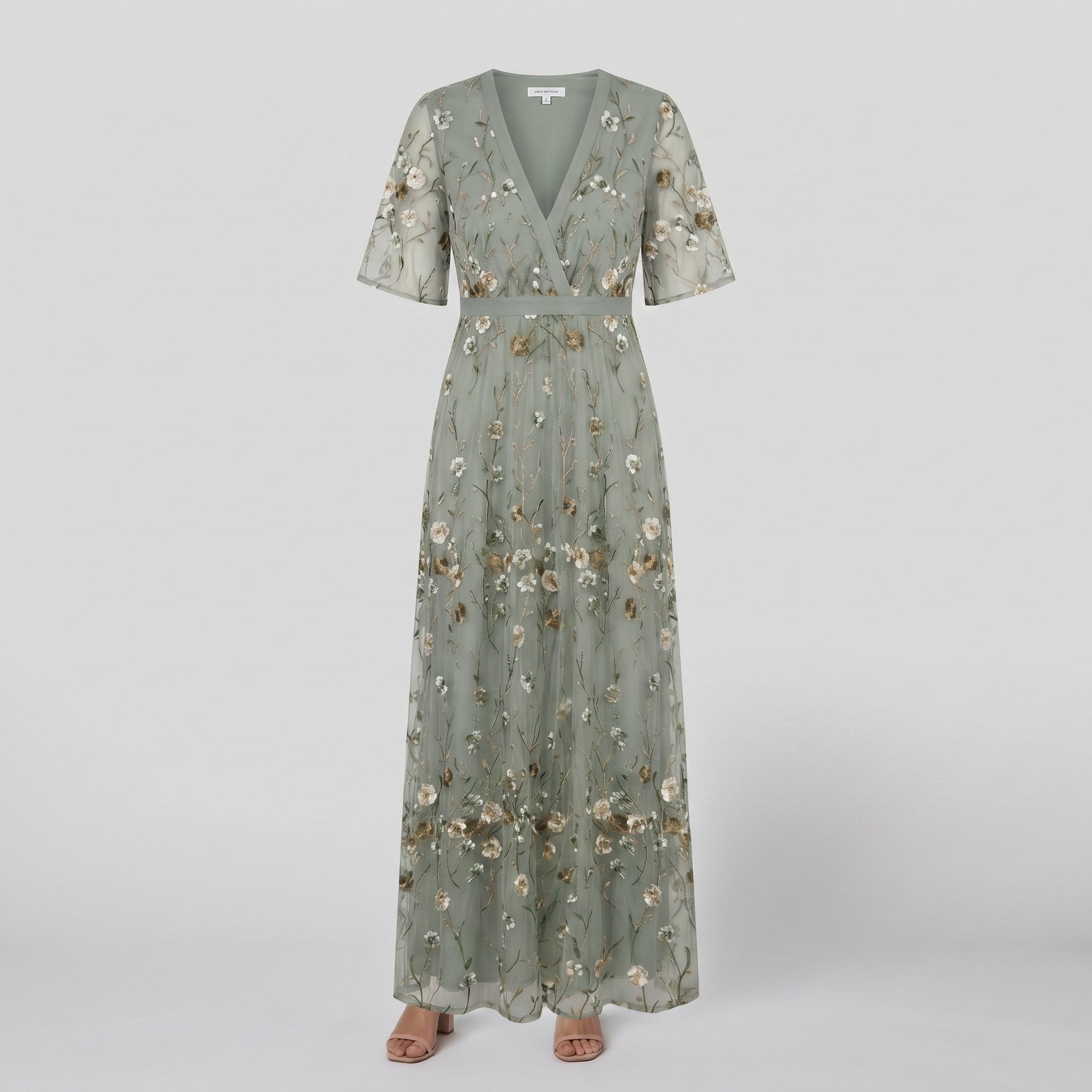 Sage green floral maxi dress product flat-lay