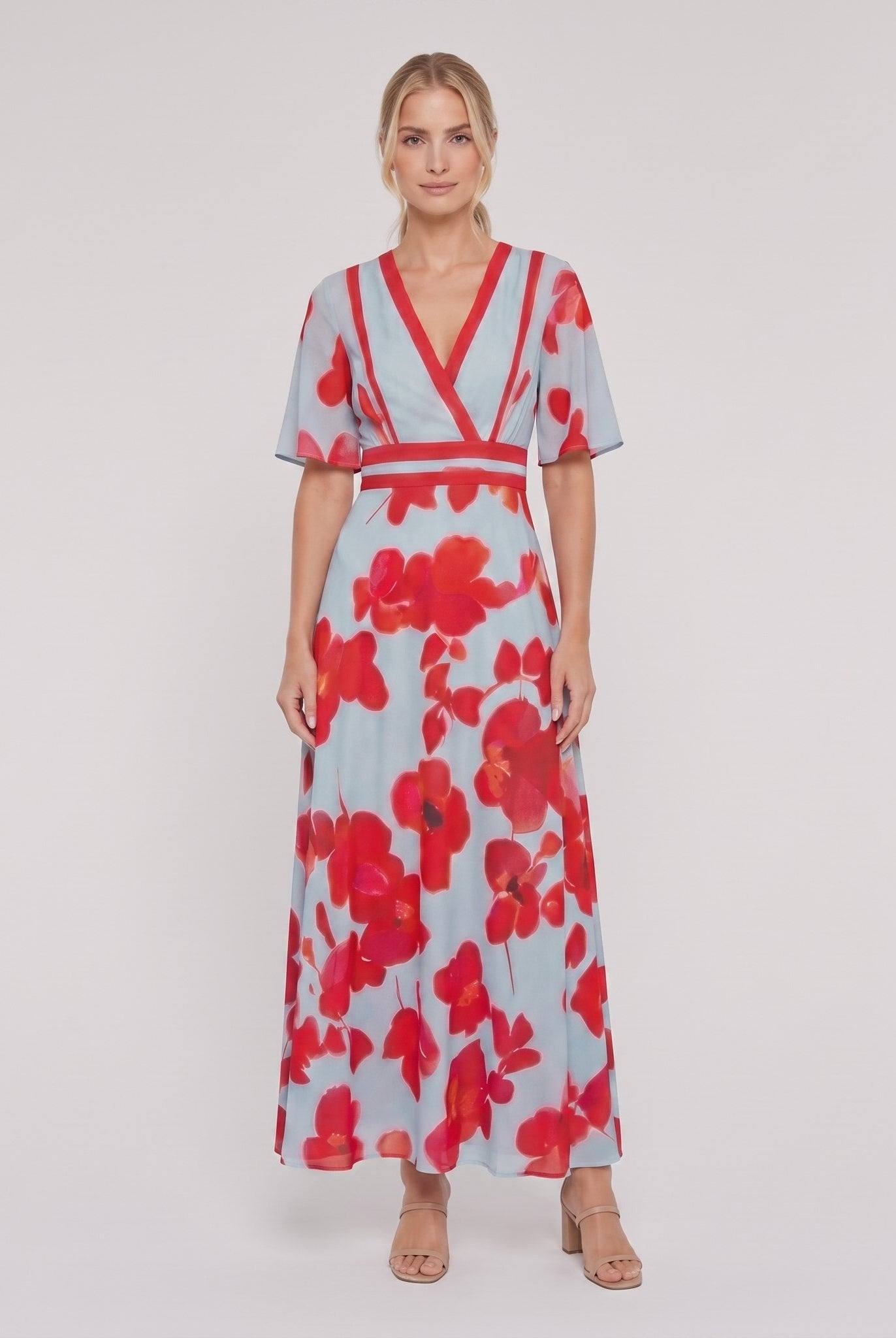 Red floral maxi dress with V-neck on model