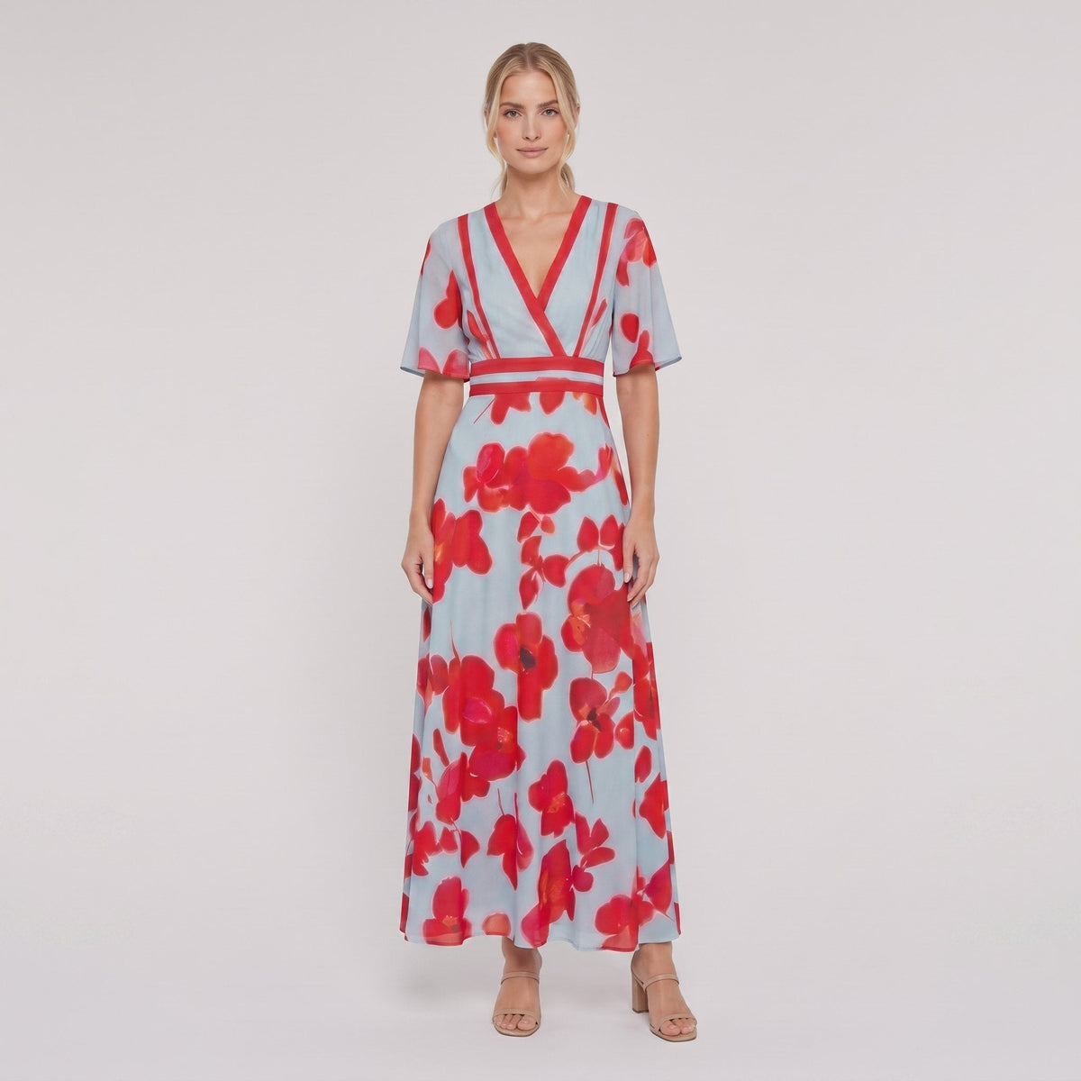 Red floral maxi dress with V-neck on model