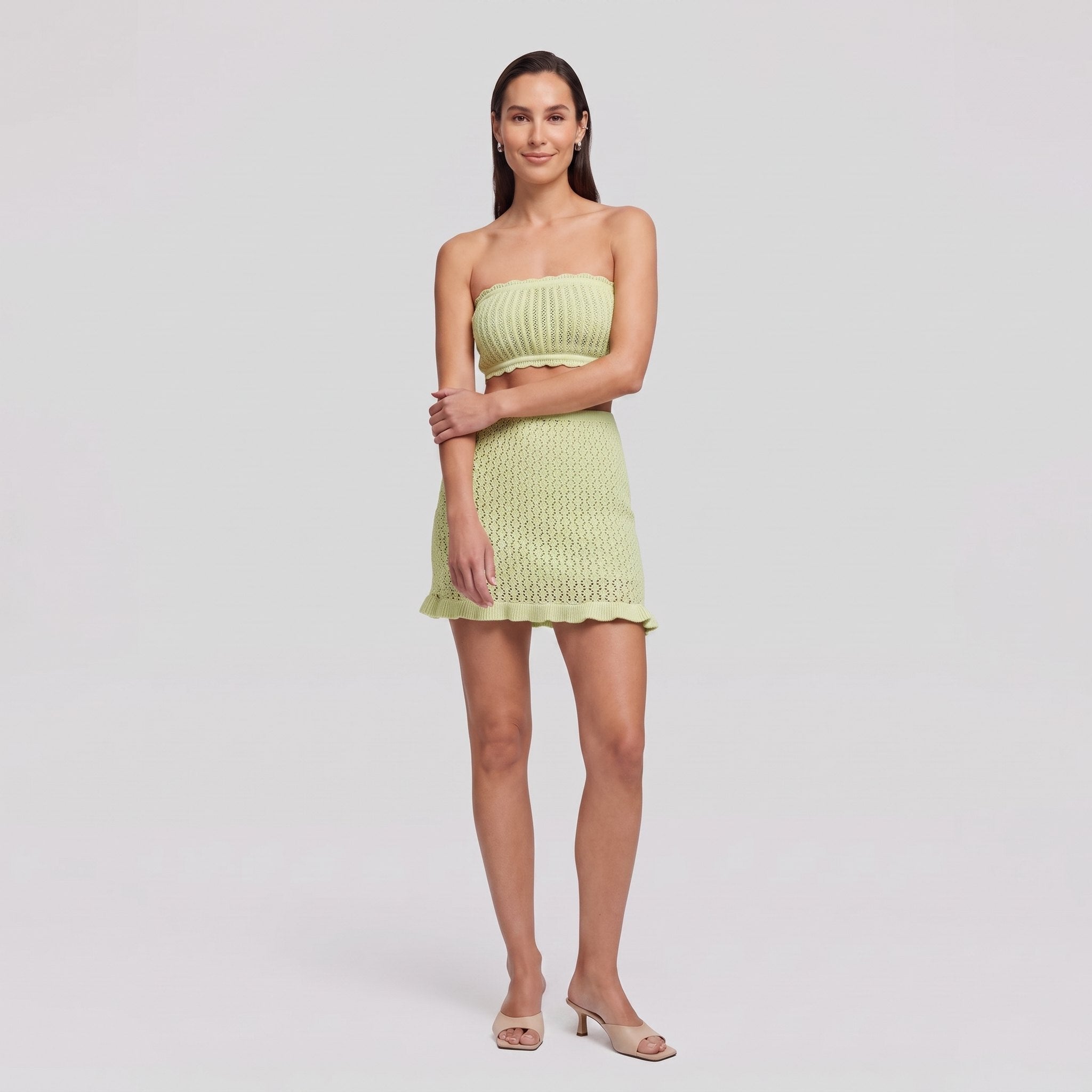 Lime green knit two-piece loungewear set, alternate pose