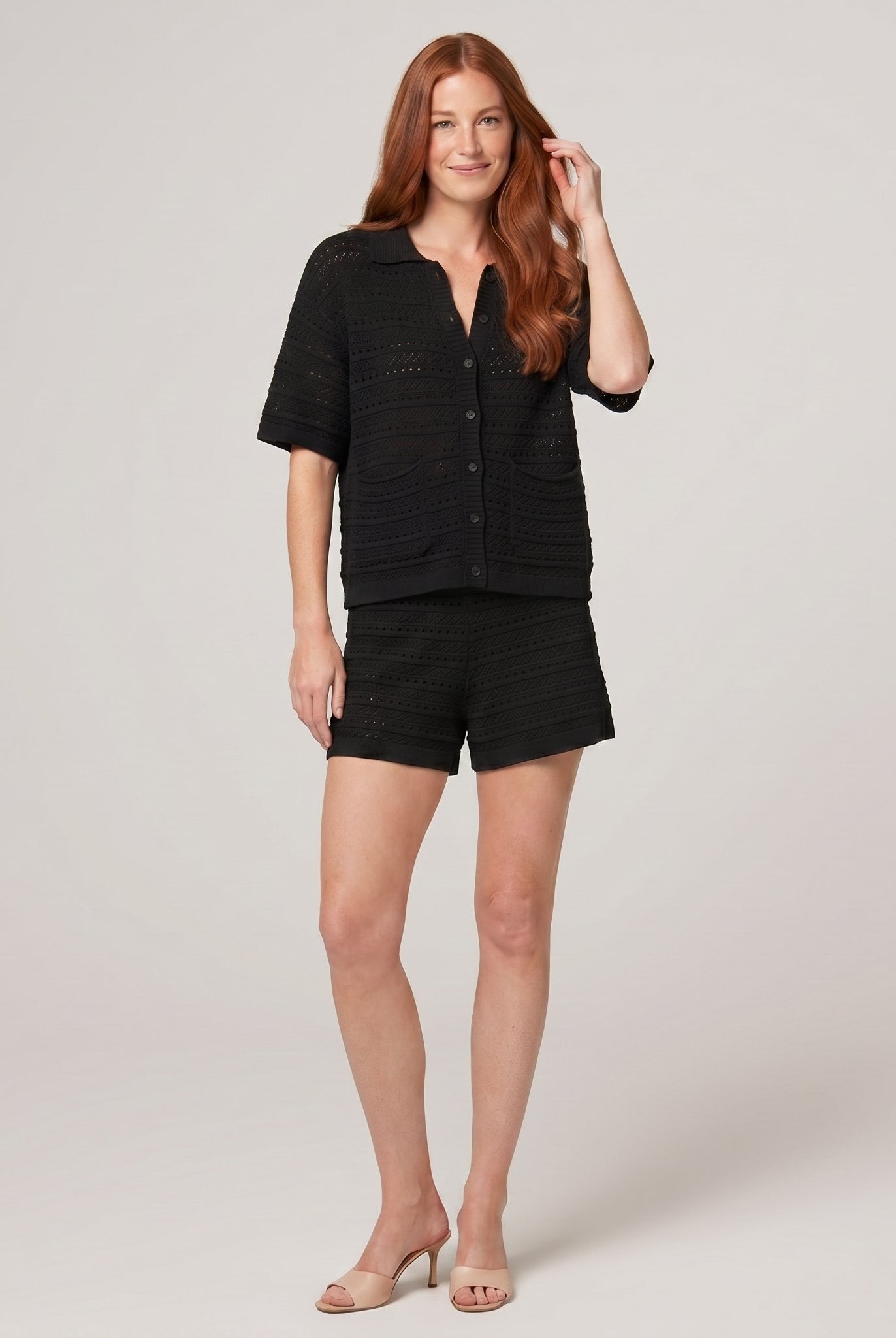 Kira Knit Two Piece Set in black — relaxed-fit breathable knit co-ord top and shorts