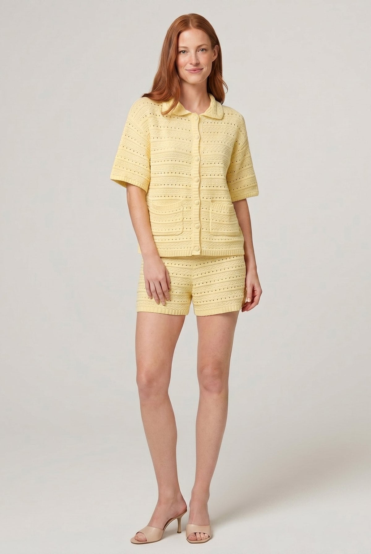 Kira Knit Two Piece Set in yellow — relaxed-fit breathable knit co-ord top and shorts