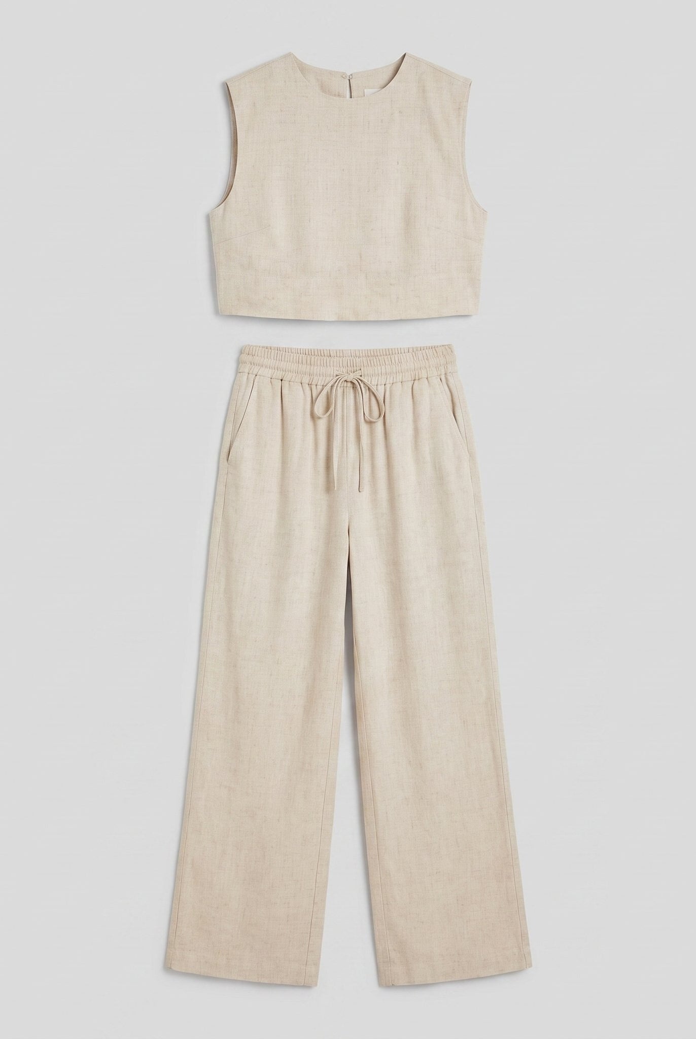 Khaki linen two-piece pants set product flat-lay