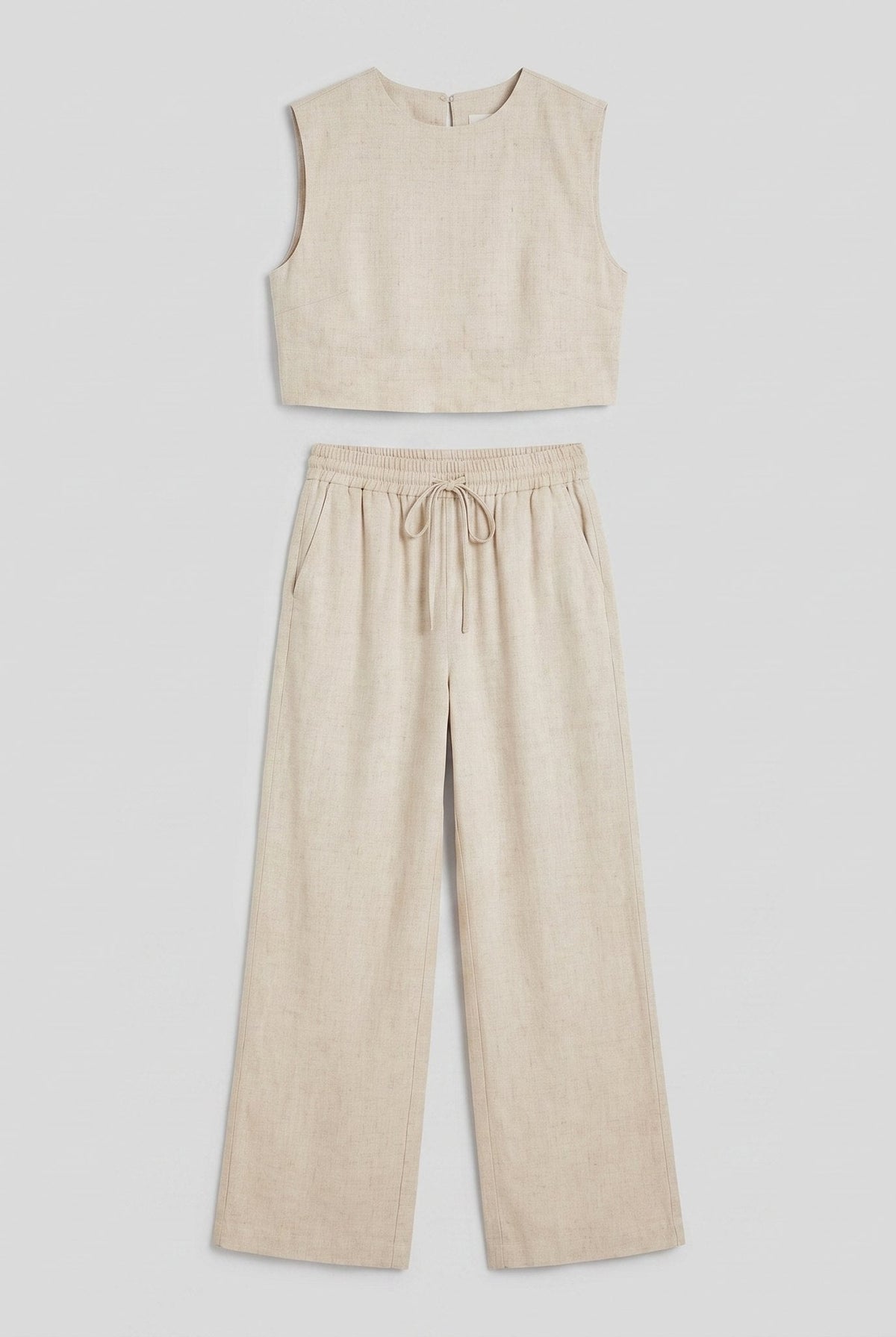 Khaki linen two-piece pants set product flat-lay