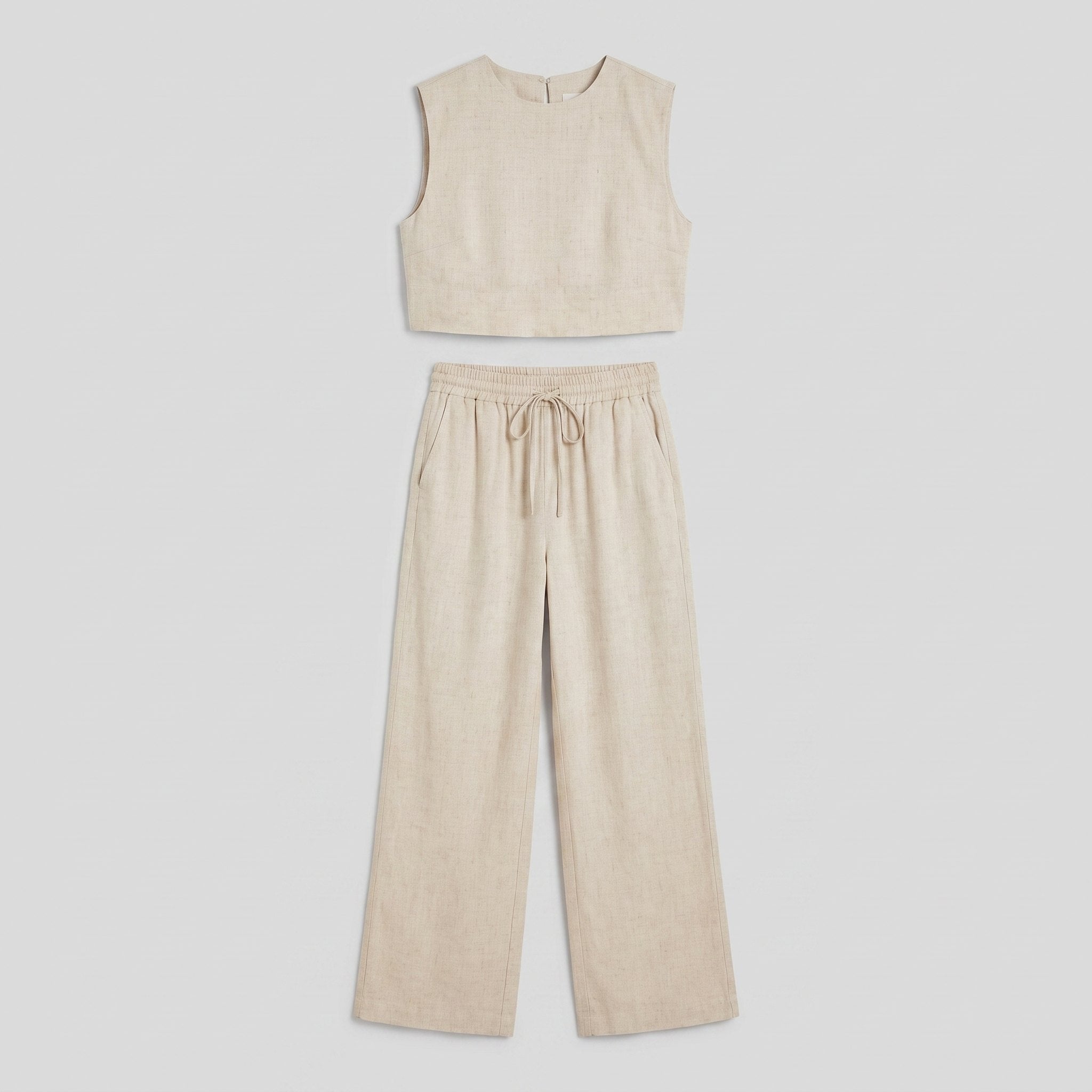 Khaki linen two-piece pants set product flat-lay