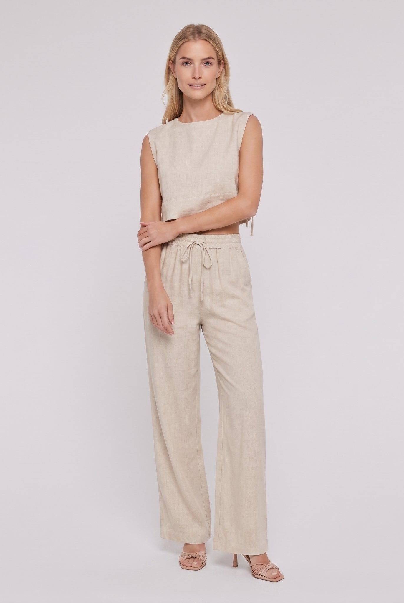 Khaki linen wide-leg two-piece set, alternate pose