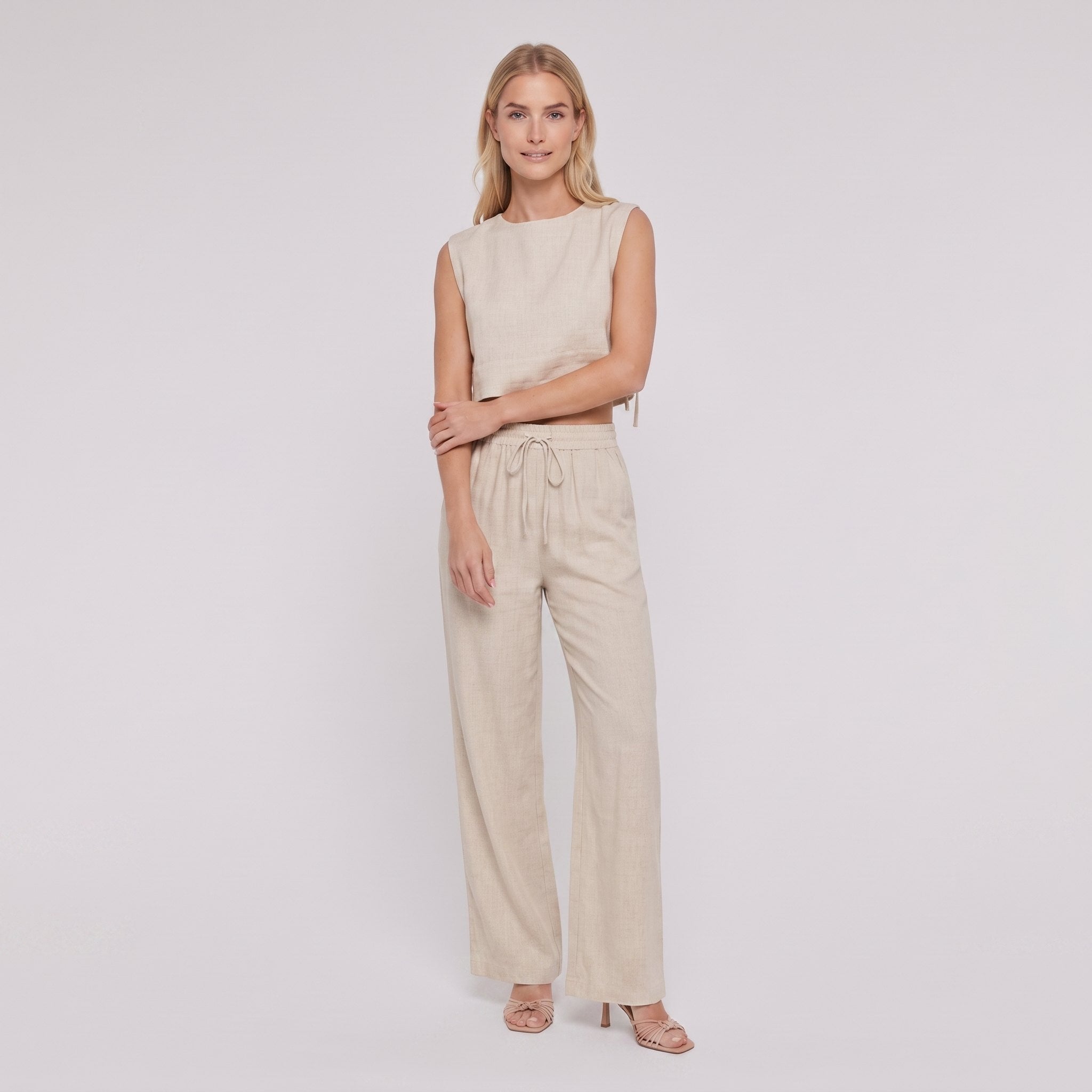 Khaki linen wide-leg two-piece set, alternate pose