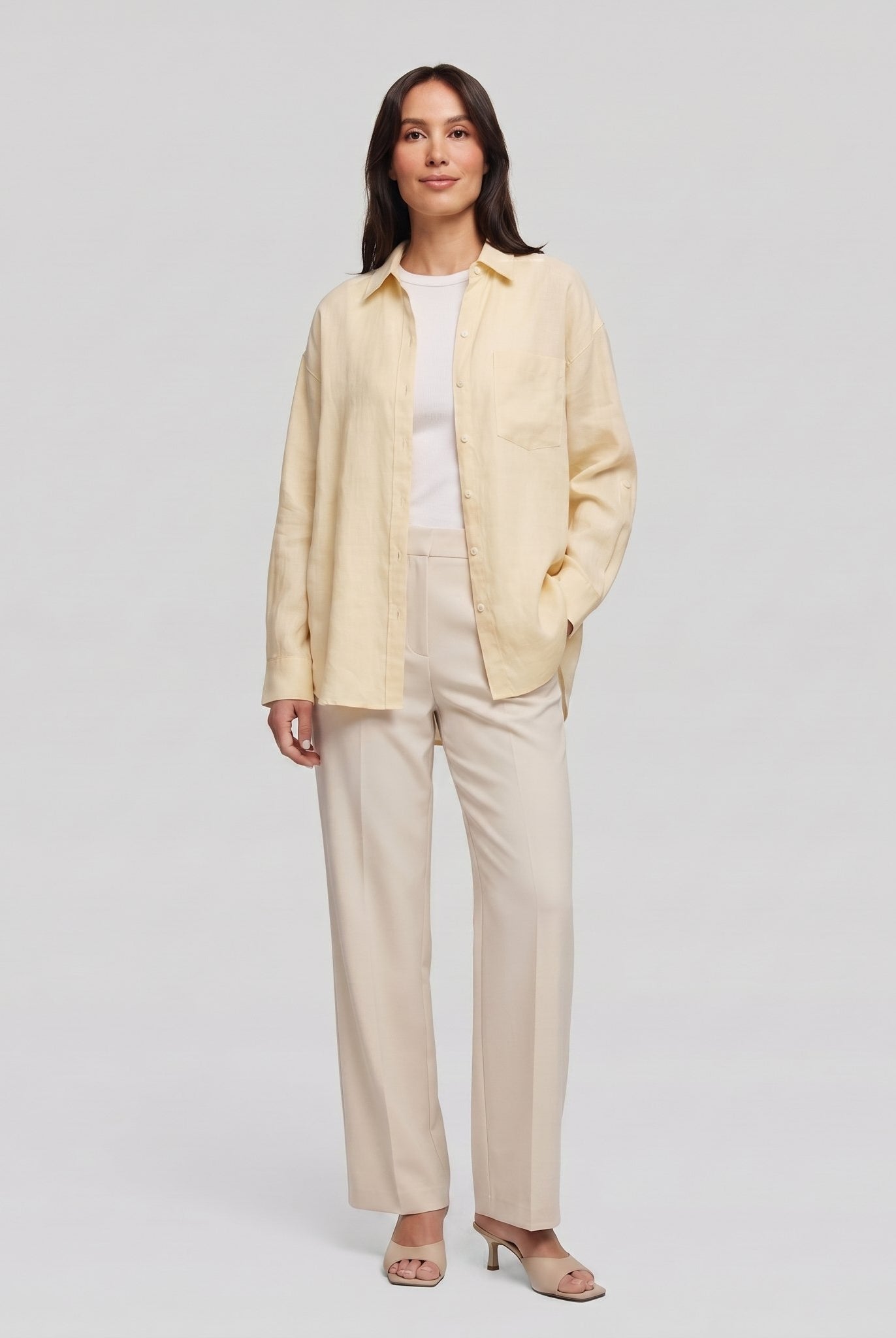 Lino Classic Shirt in pale yellow worn open - oversized linen shirt styling on model