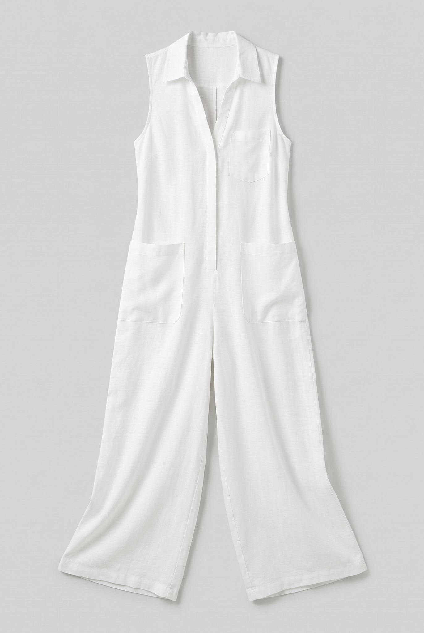 White sleeveless wide-leg linen jumpsuit flat-lay product photo