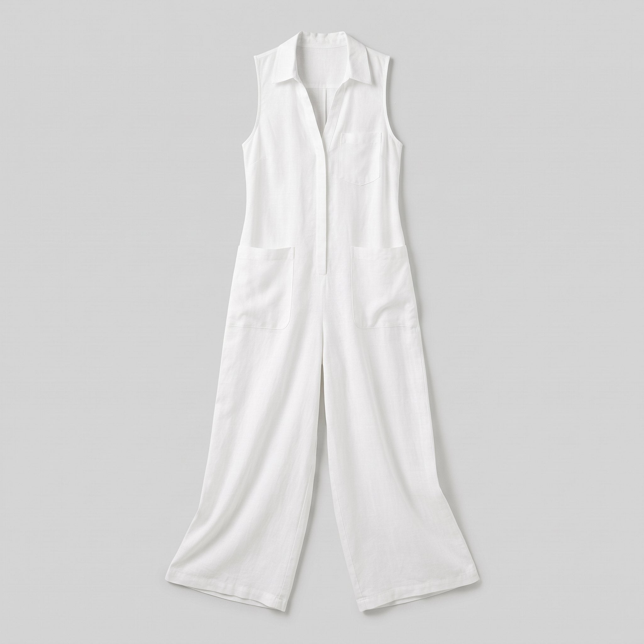 White sleeveless wide-leg linen jumpsuit flat-lay product photo