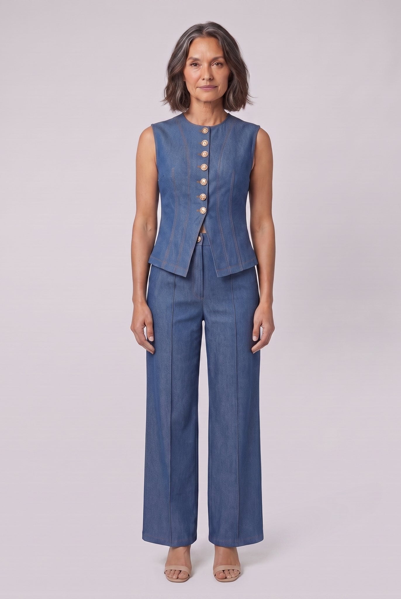 Indigo denim waistcoat and wide-leg trouser set, front view on model