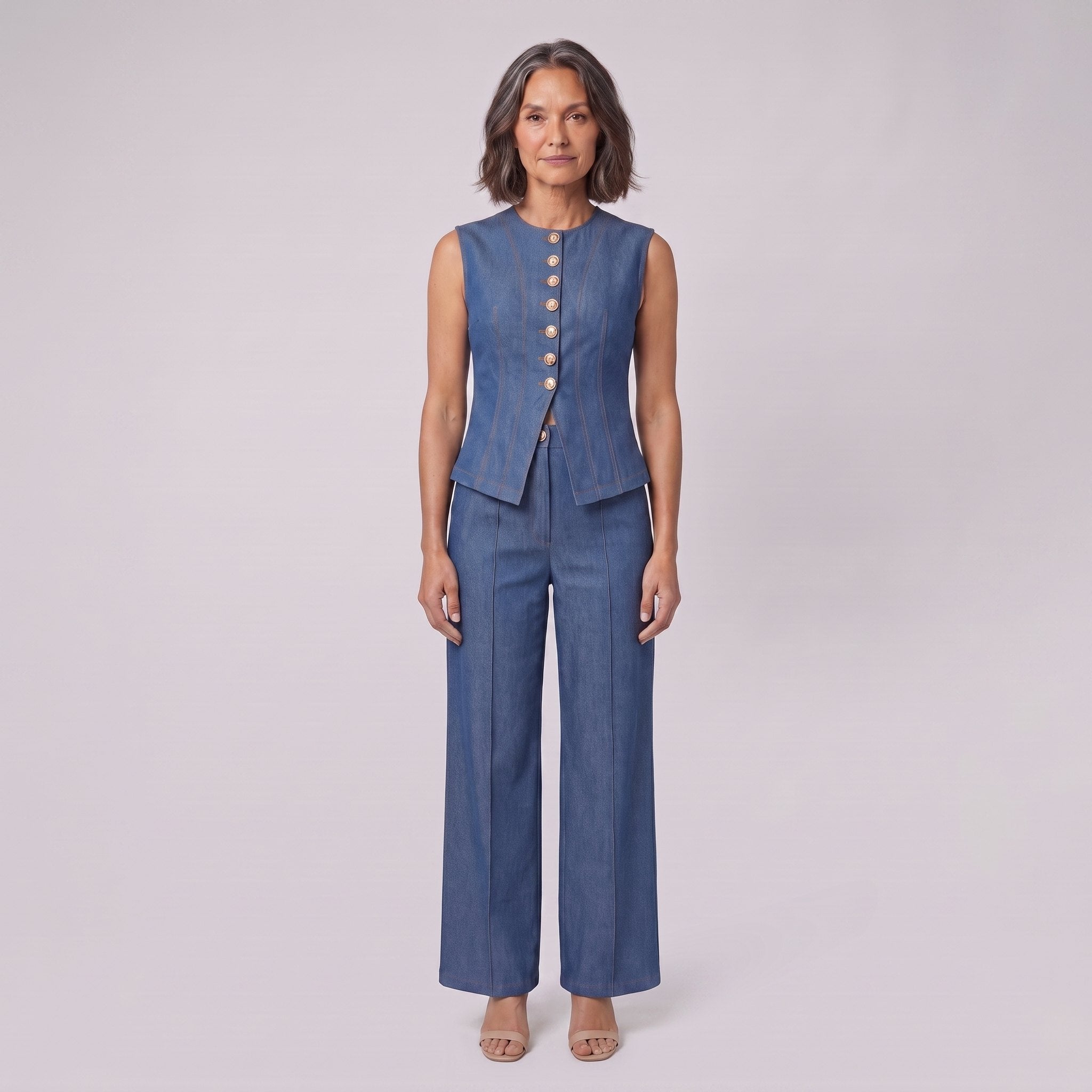 Indigo denim waistcoat and wide-leg trouser set, front view on model