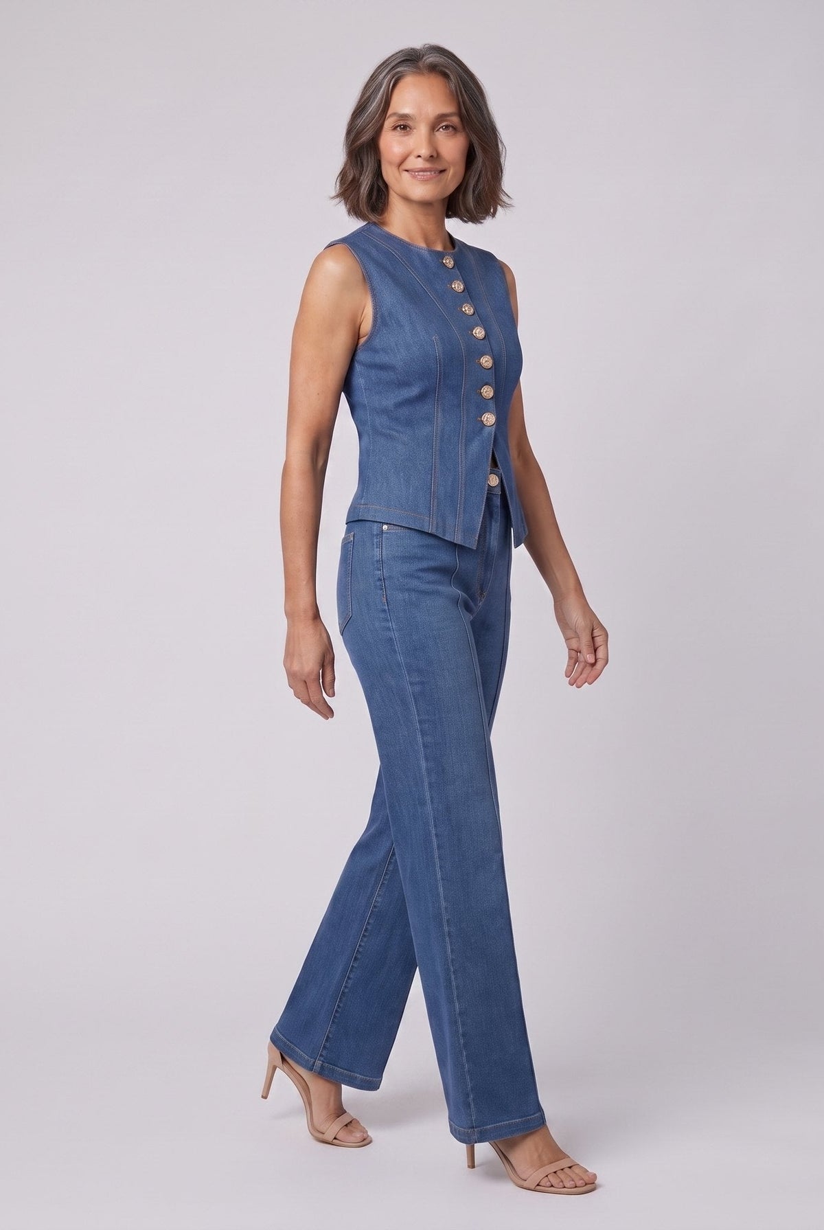 Indigo denim two-piece set with gold buttons, side walking view on model