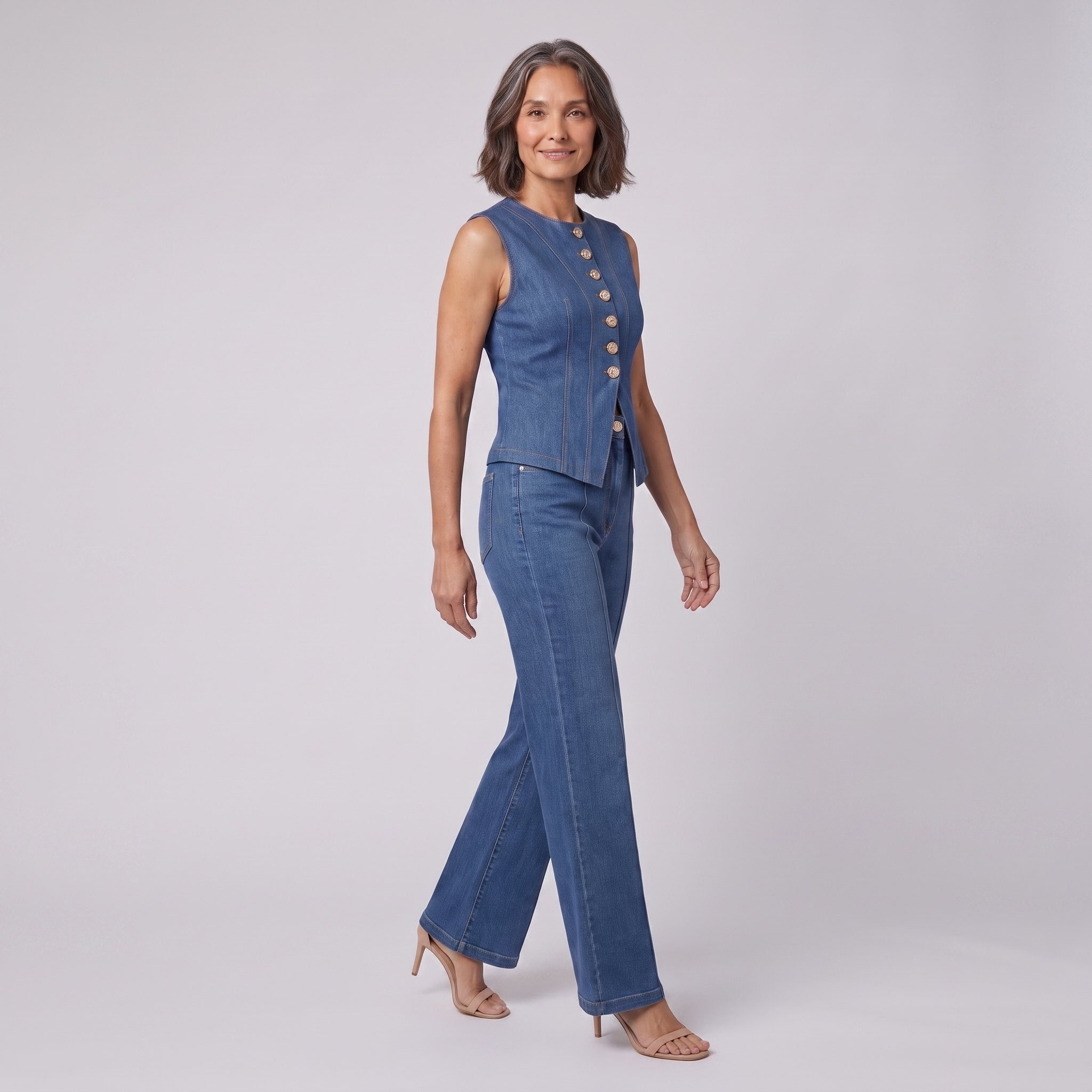 Indigo denim two-piece set with gold buttons, side walking view on model