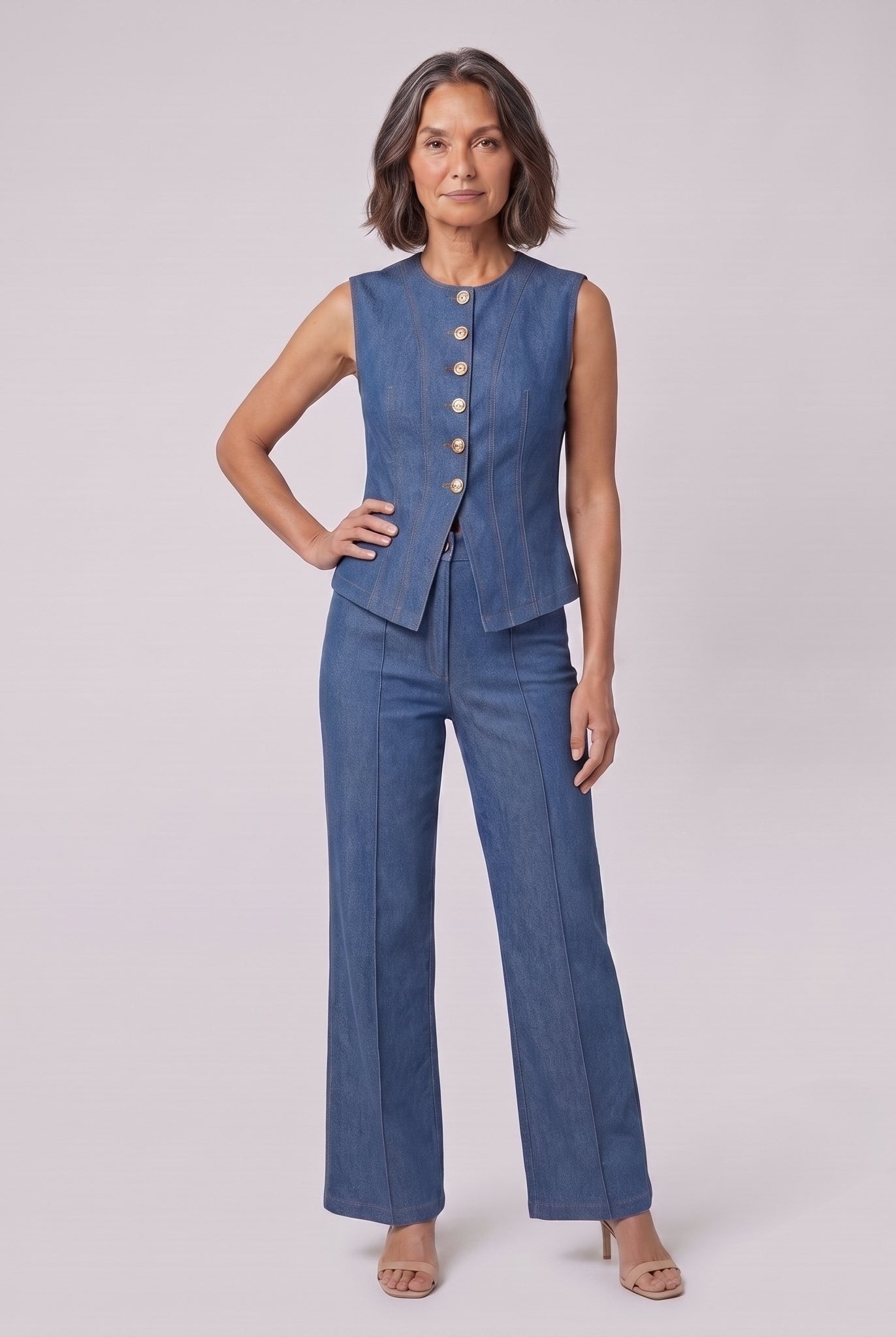 Indigo denim waistcoat and trousers set, hand on hip pose on model