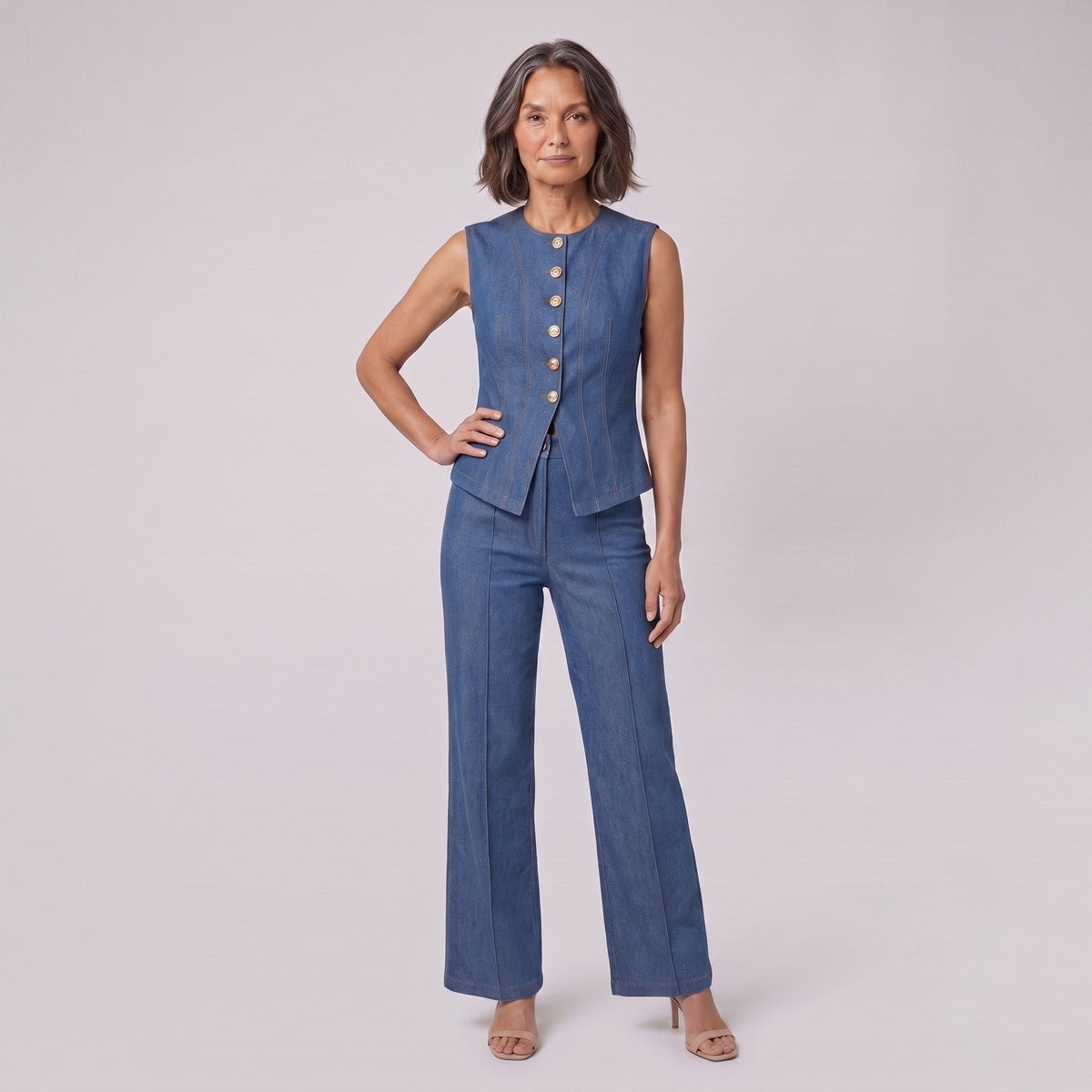 Indigo denim waistcoat and trousers set, hand on hip pose on model