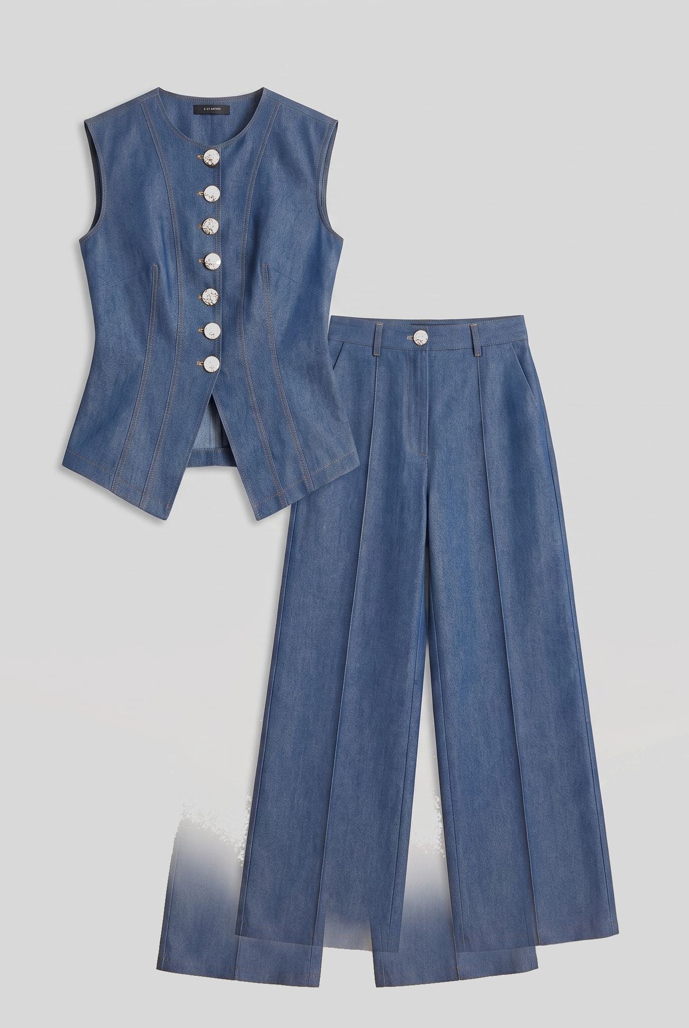 Indigo denim waistcoat and wide-leg trouser set flat-lay product photo