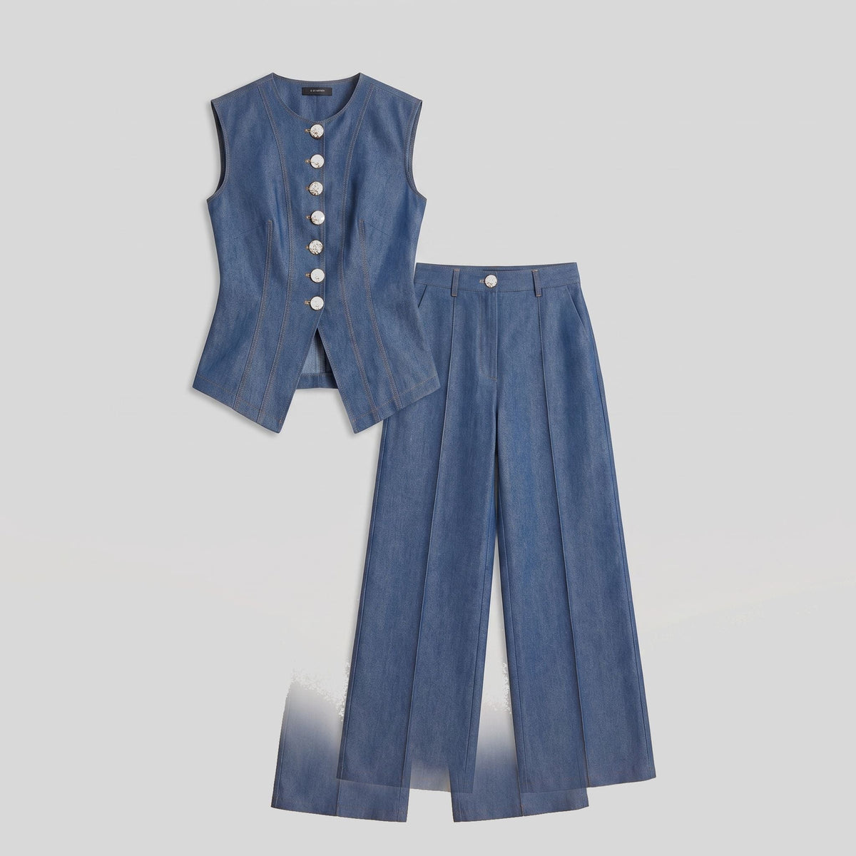 Indigo denim waistcoat and wide-leg trouser set flat-lay product photo