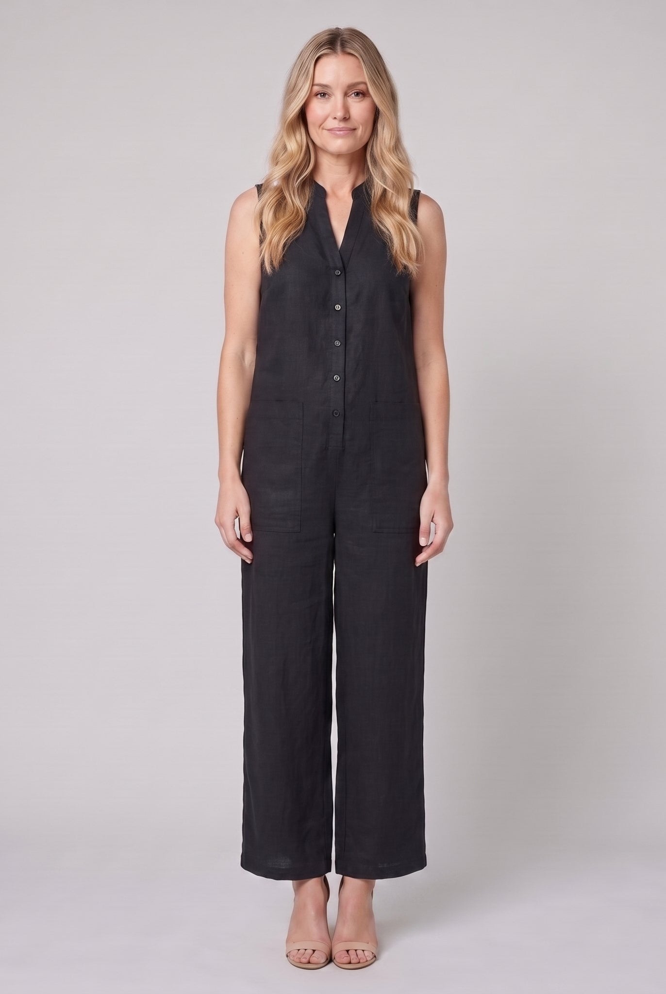 Mila jumpsuit in black, sleeveless linen blend with button front and wide-leg trousers