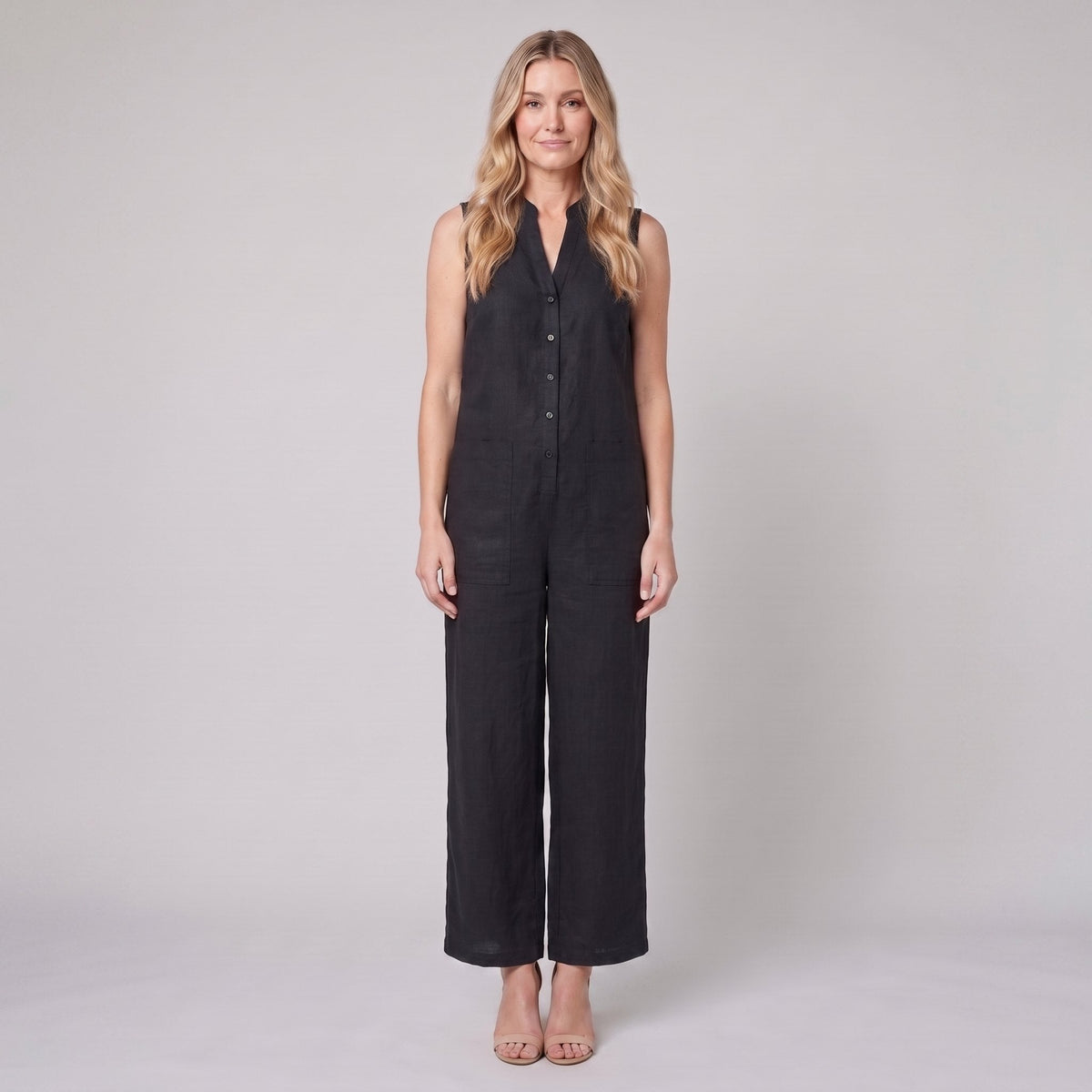 Mila jumpsuit in black, sleeveless linen blend with button front and wide-leg trousers