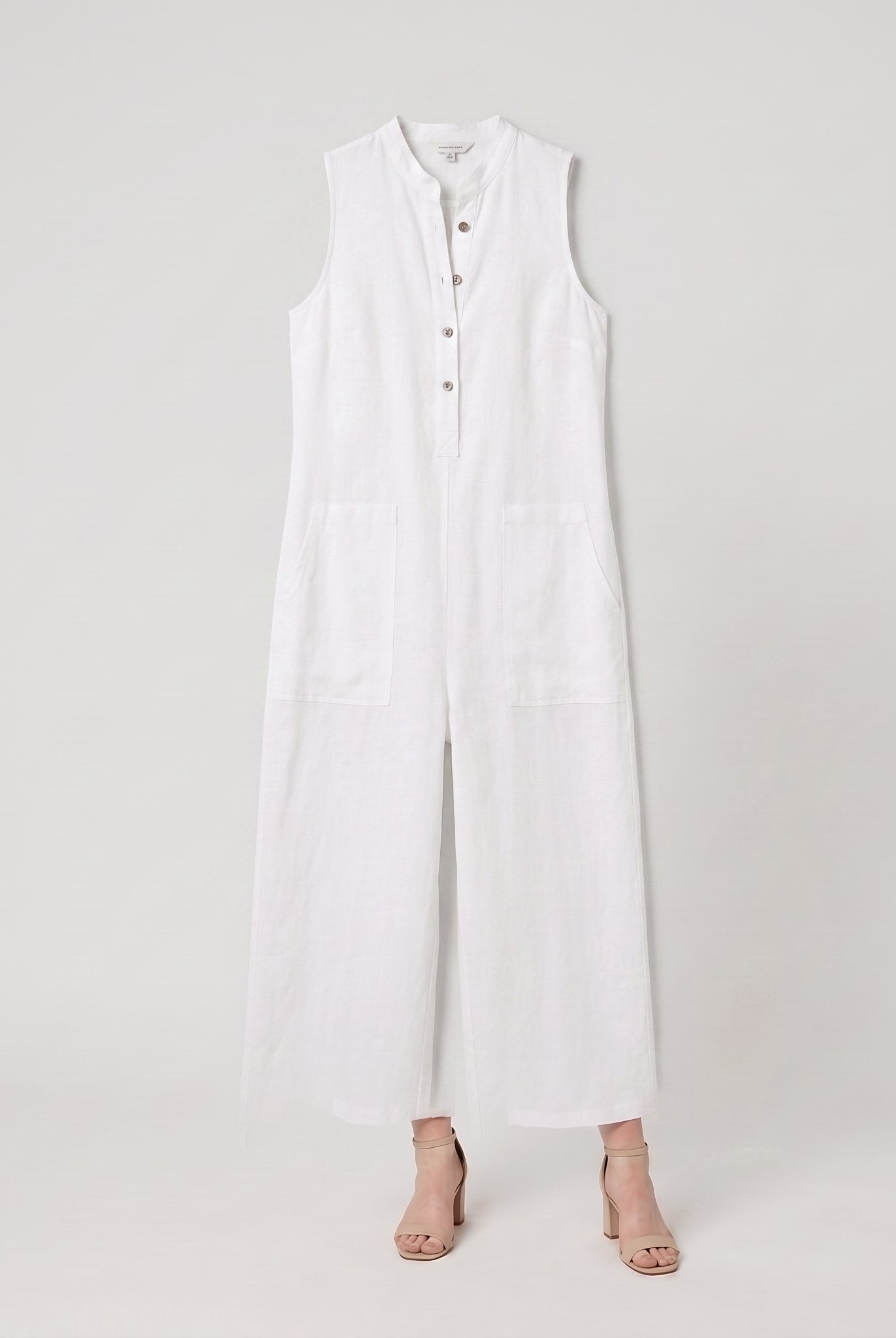 Mila white jumpsuit product flat-lay, sleeveless linen blend with button front