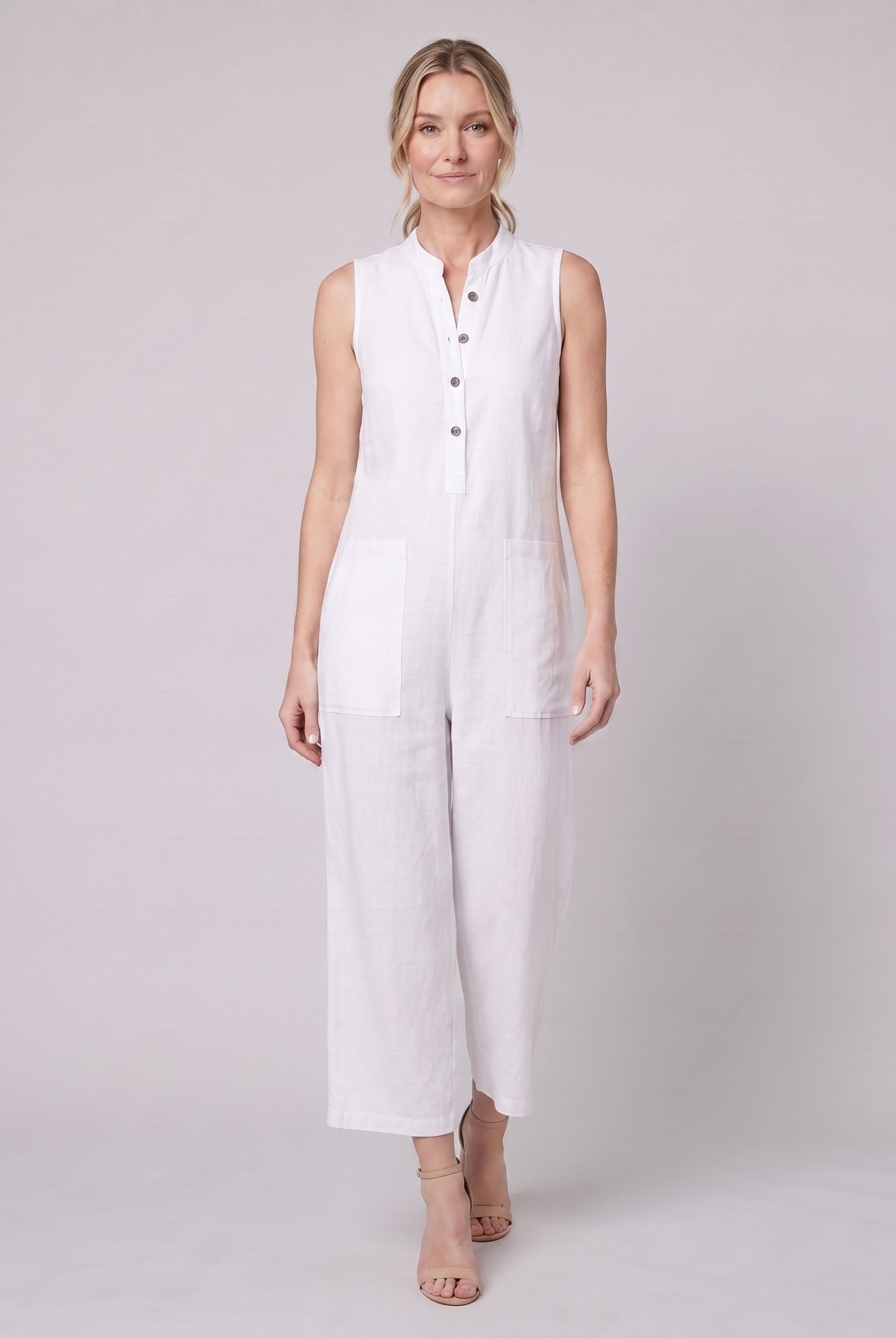 Mila jumpsuit in white, sleeveless linen blend with button front and wide-leg trousers