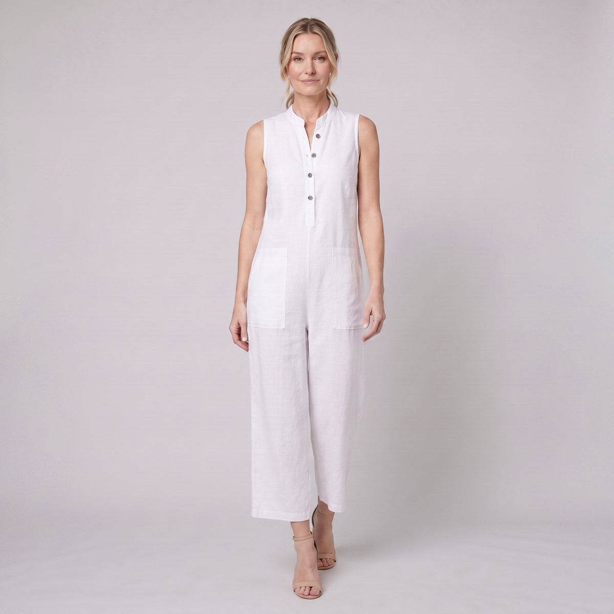 Mila jumpsuit in white, sleeveless linen blend with button front and wide-leg trousers