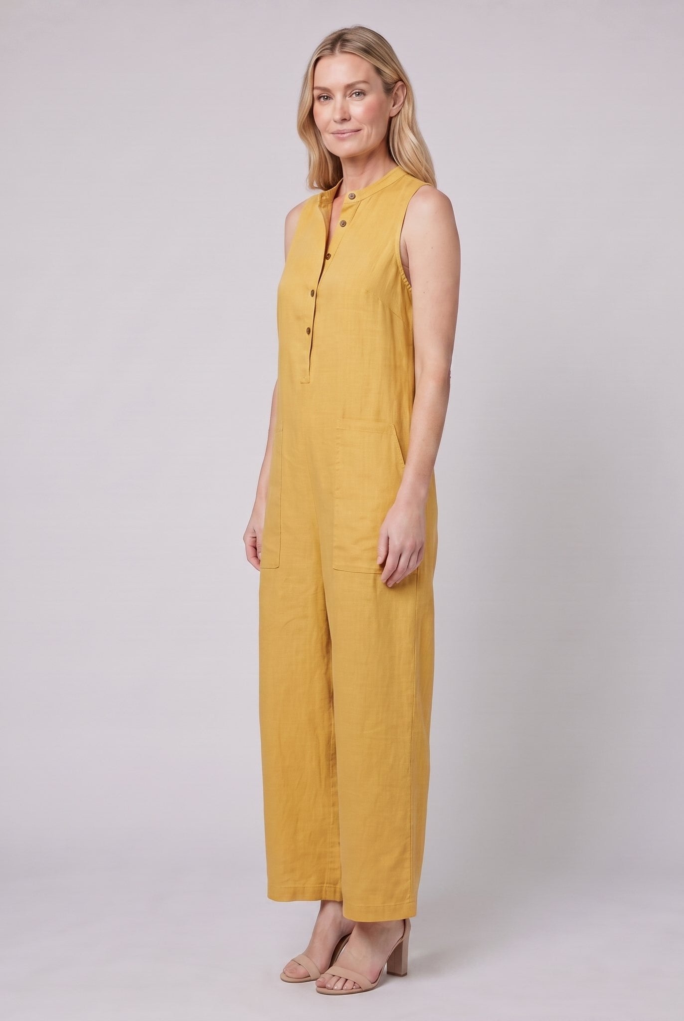 Mila jumpsuit in yellow, sleeveless linen blend with button front and wide-leg trousers