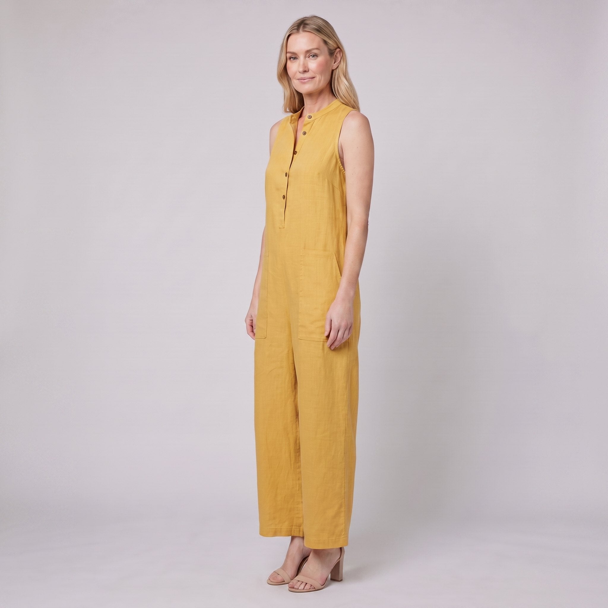 Mila jumpsuit in yellow, sleeveless linen blend with button front and wide-leg trousers