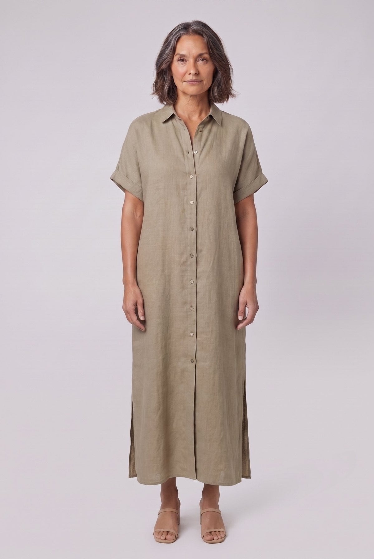 Mira maxi shirt dress in beige, linen blend with short sleeves