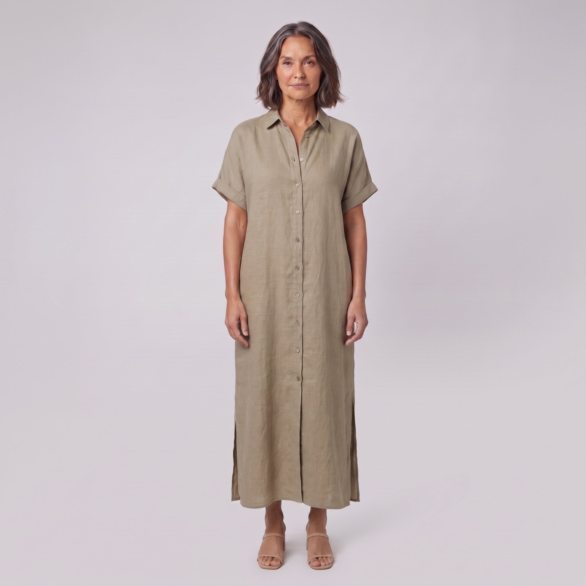 Mira maxi shirt dress in beige, linen blend with short sleeves