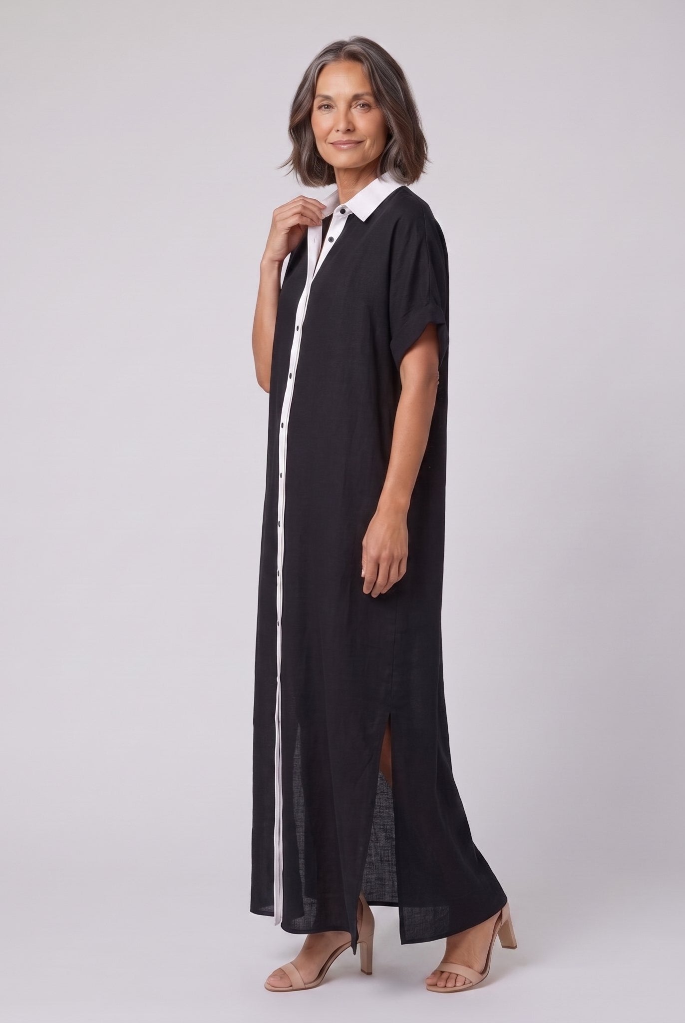 Mira maxi shirt dress in black with white contrast placket, linen blend short sleeves