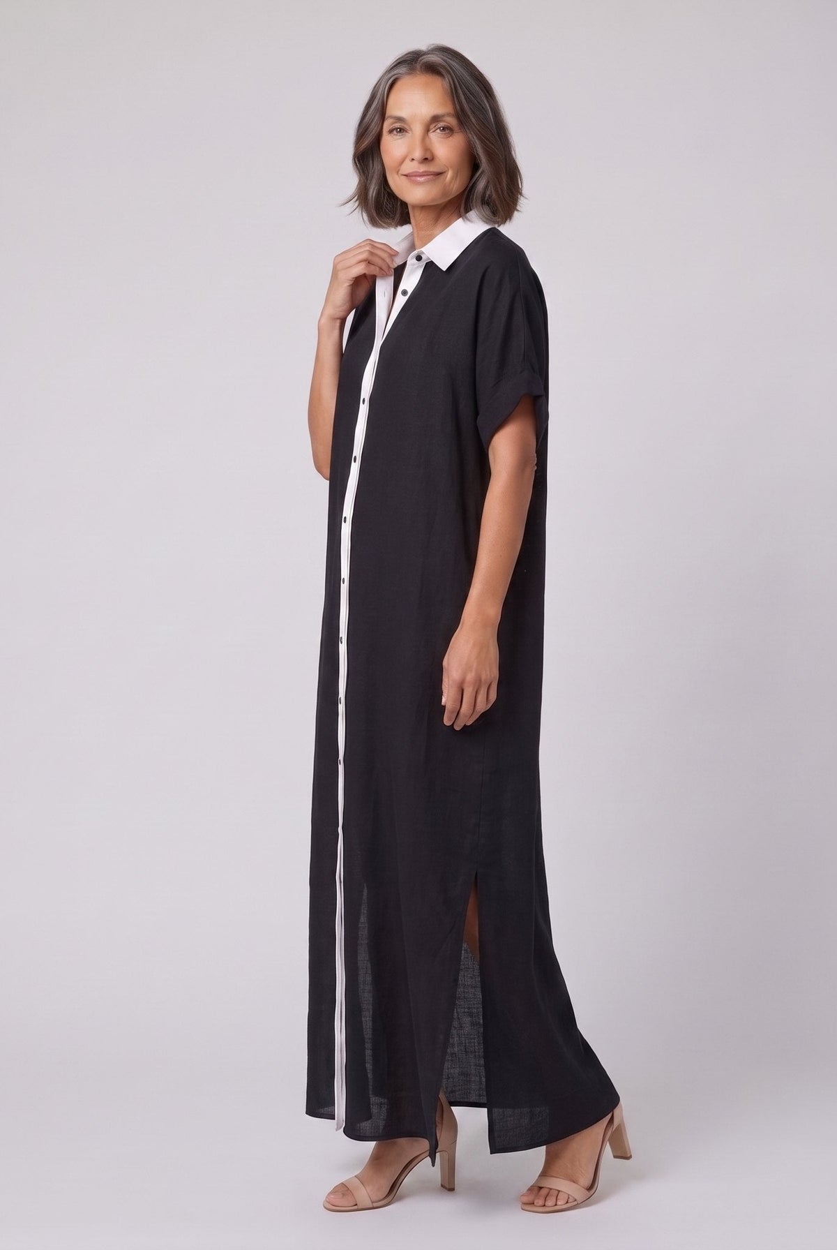 Mira maxi shirt dress in black with white contrast placket, linen blend short sleeves