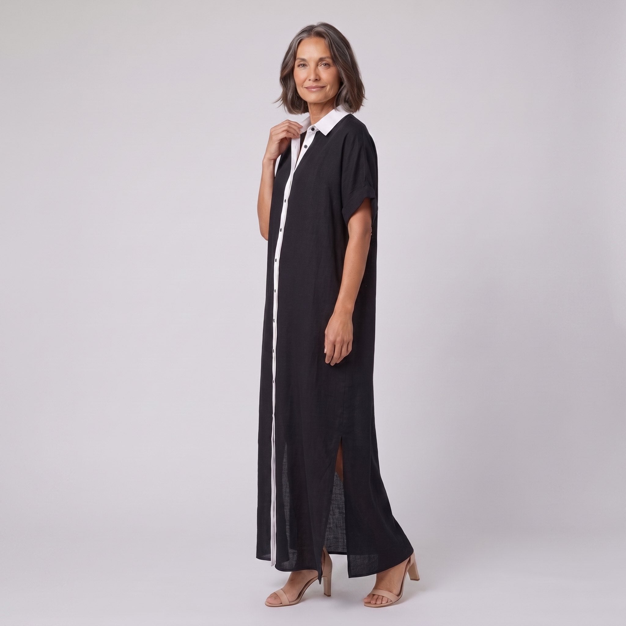 Mira maxi shirt dress in black with white contrast placket, linen blend short sleeves