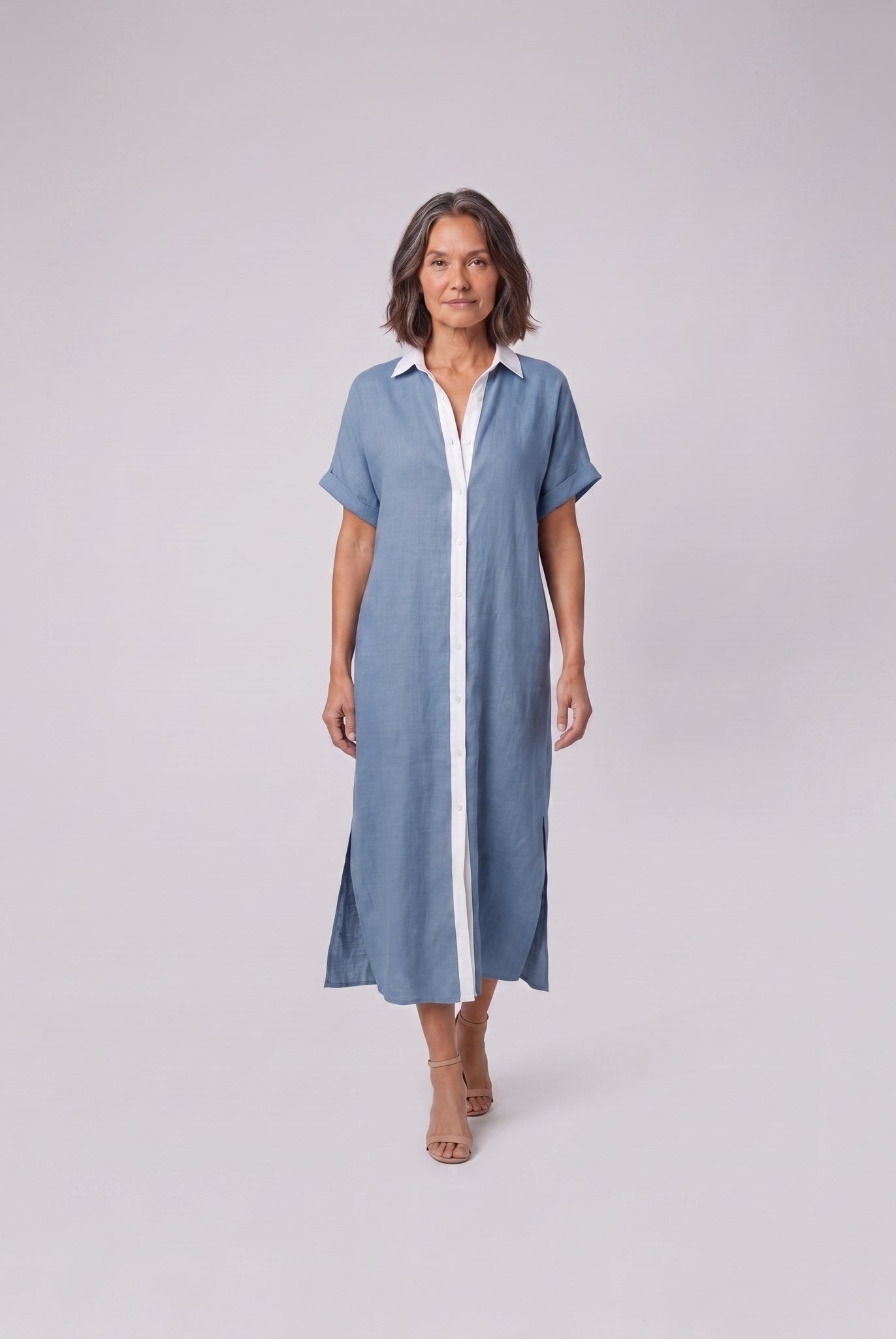 Mira maxi shirt dress in blue with white contrast placket, linen blend short sleeves