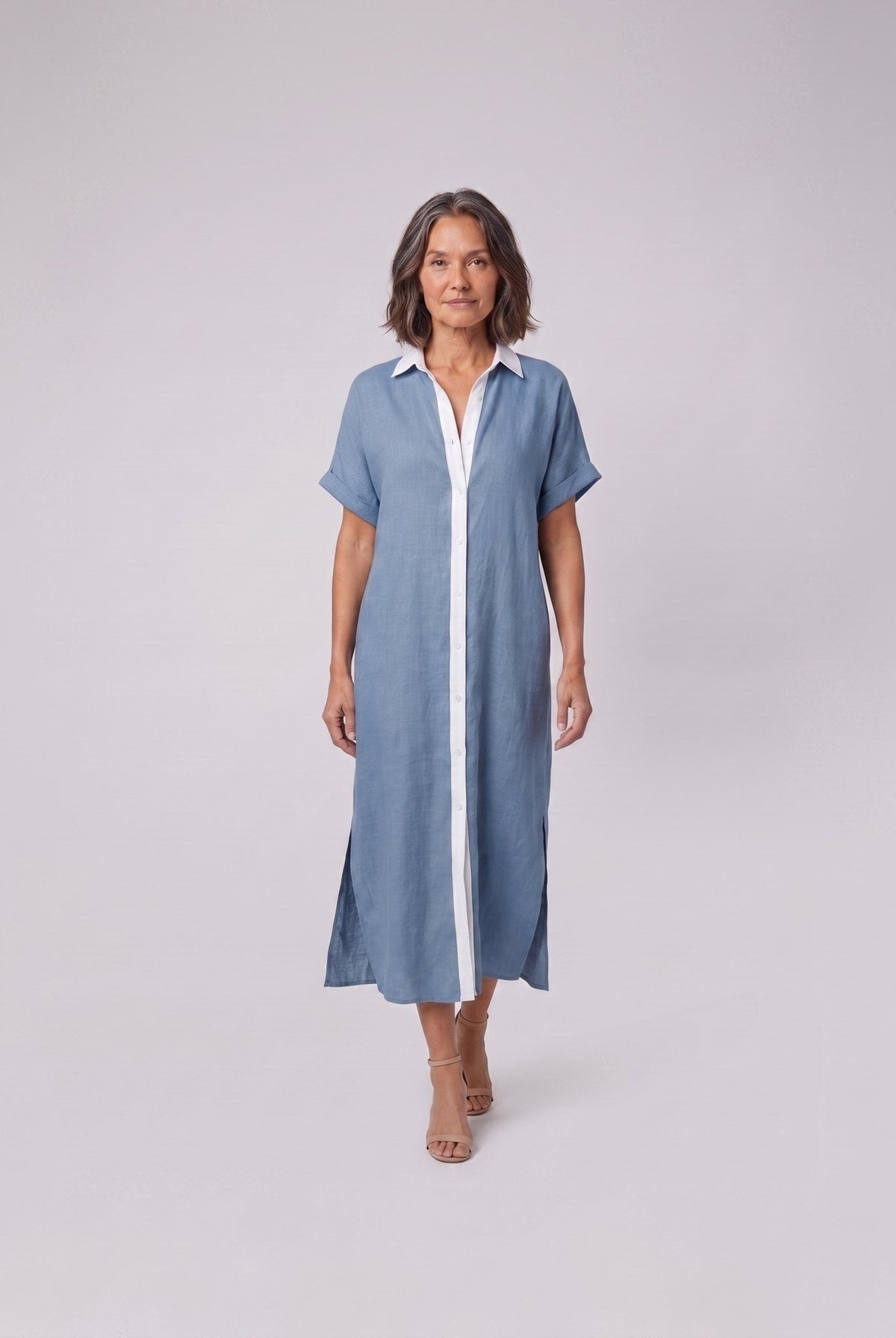 Mira maxi shirt dress in blue with white contrast placket, linen blend short sleeves