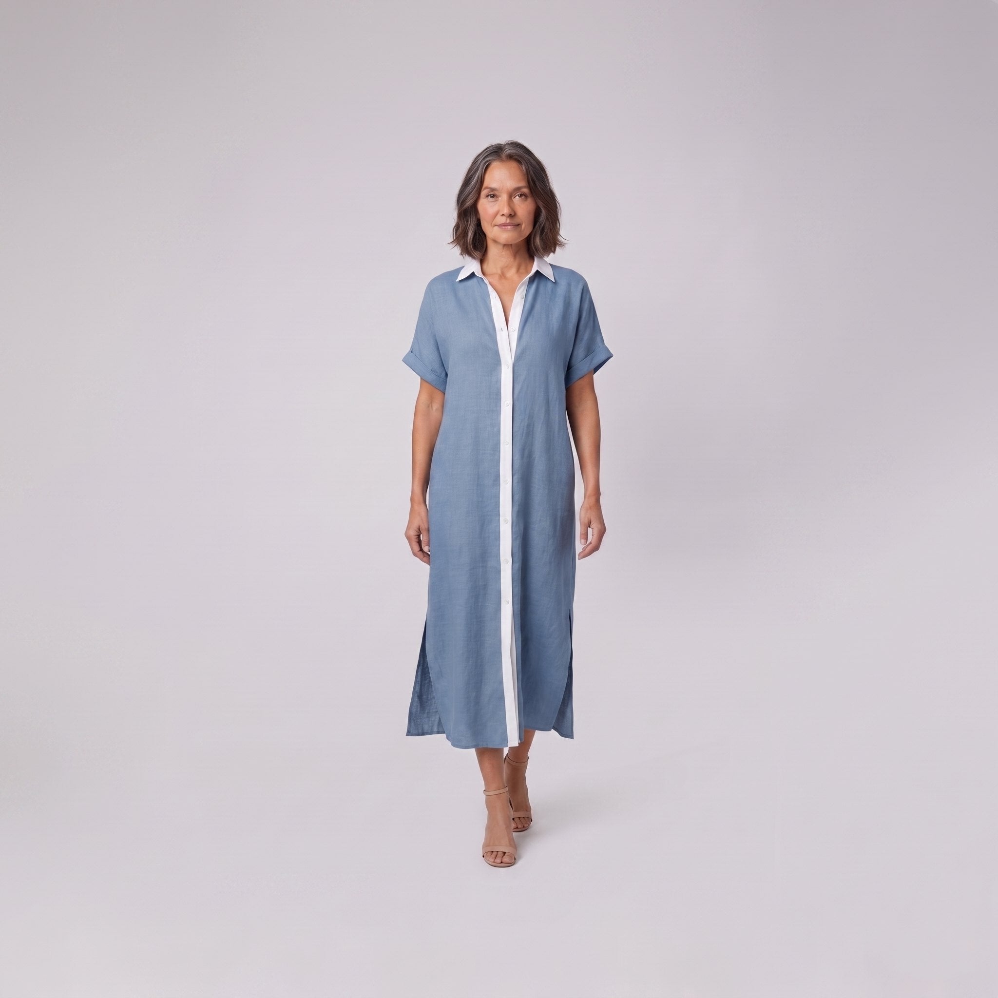 Mira maxi shirt dress in blue with white contrast placket, linen blend short sleeves