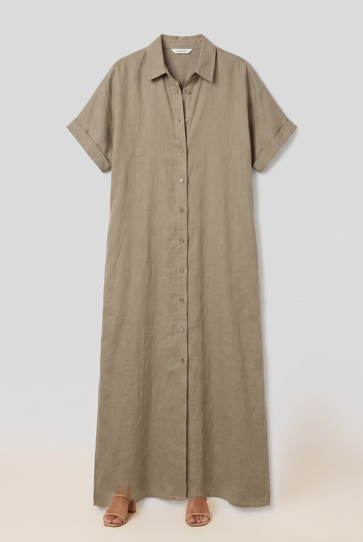 Mira maxi shirt dress product flat-lay, beige linen blend with short sleeves