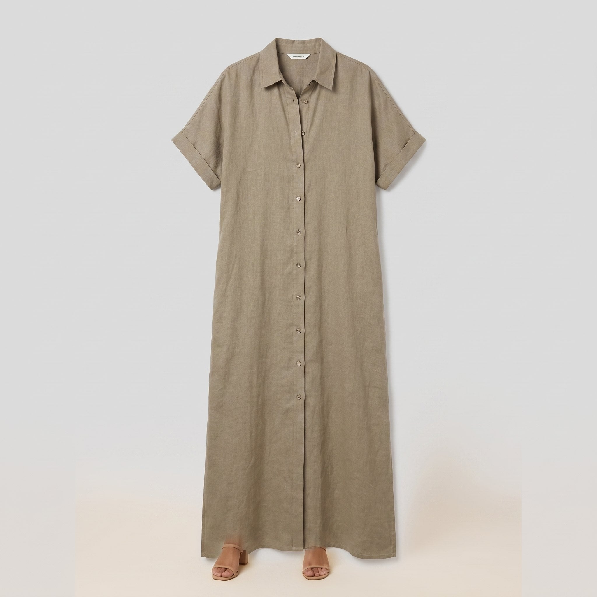 Mira maxi shirt dress product flat-lay, beige linen blend with short sleeves