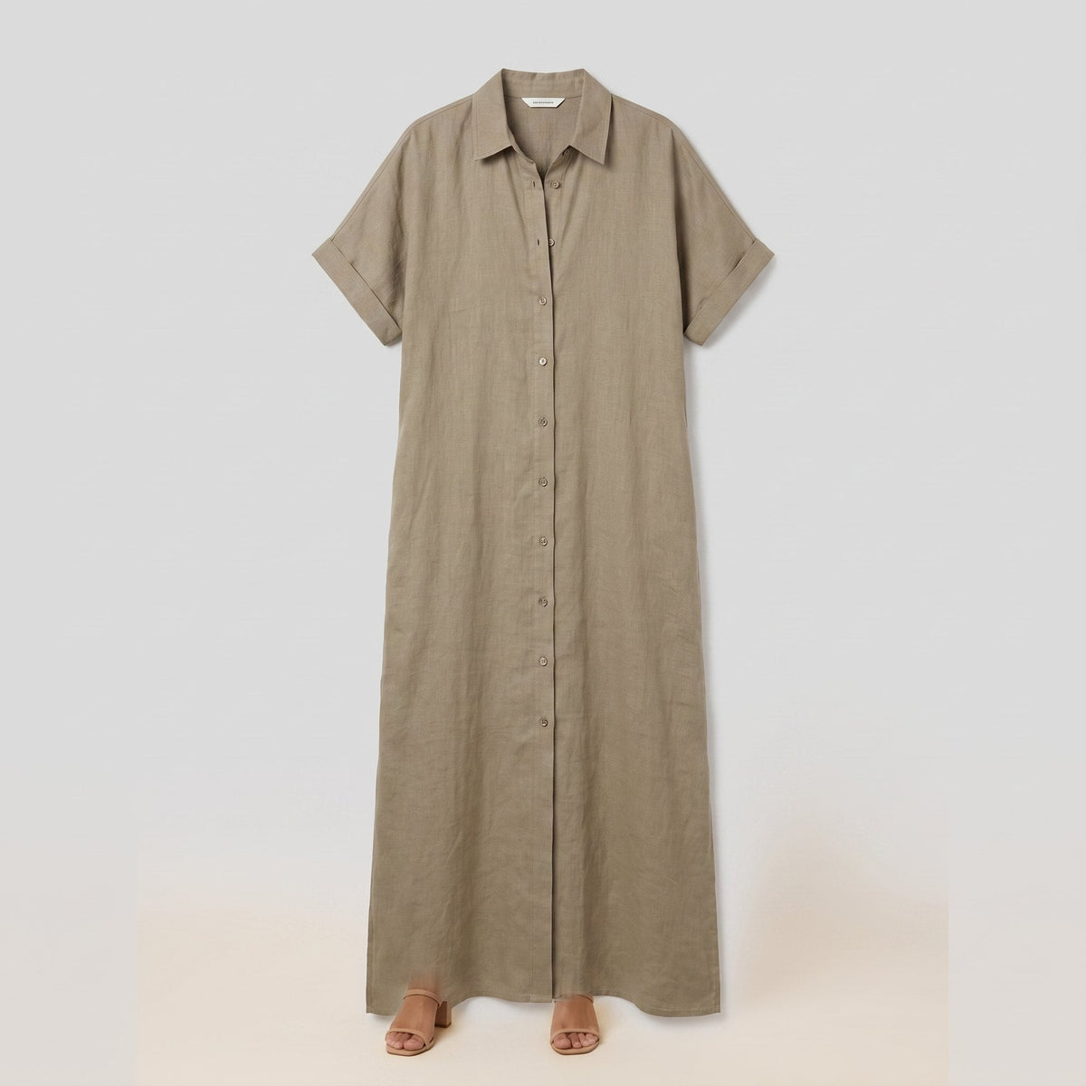 Mira maxi shirt dress product flat-lay, beige linen blend with short sleeves