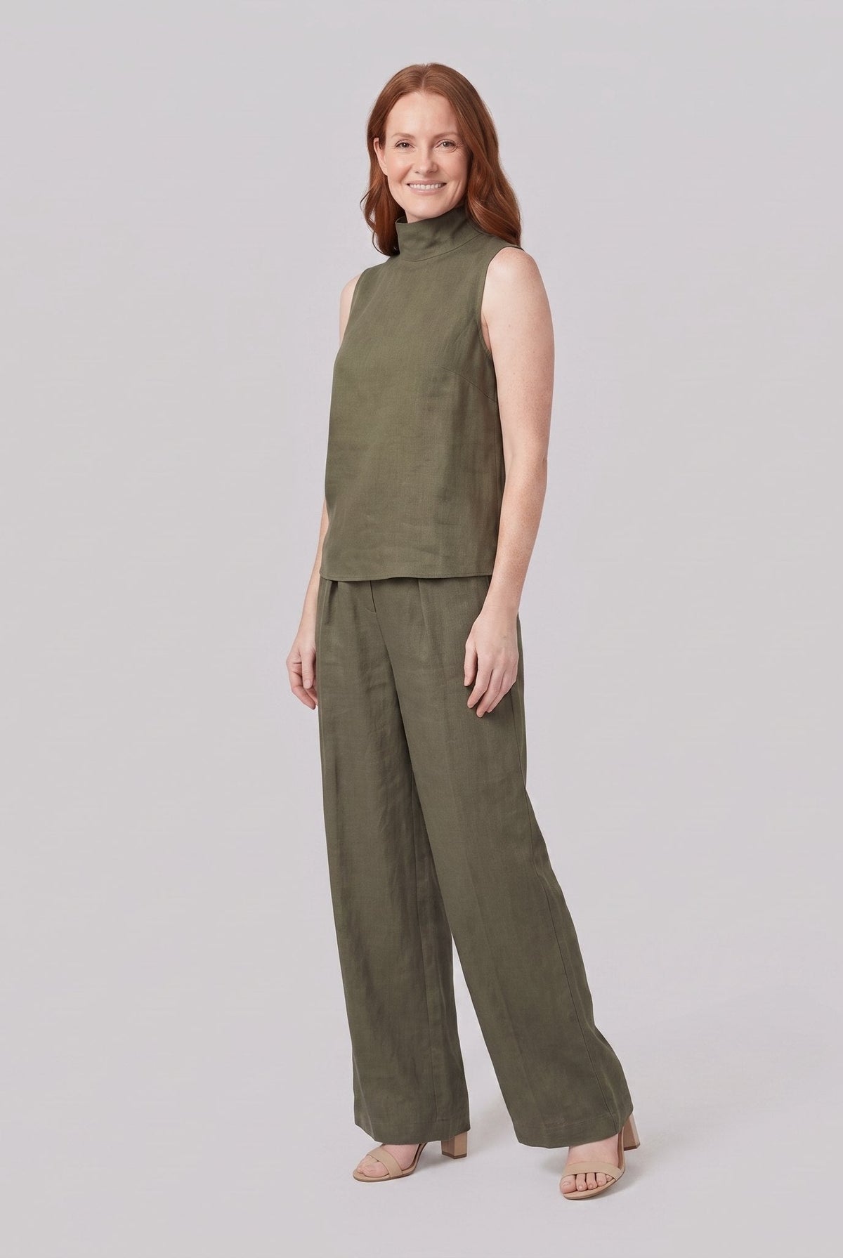 Mira two-piece set in army green, sleeveless high-neck blouse with wide-leg trousers